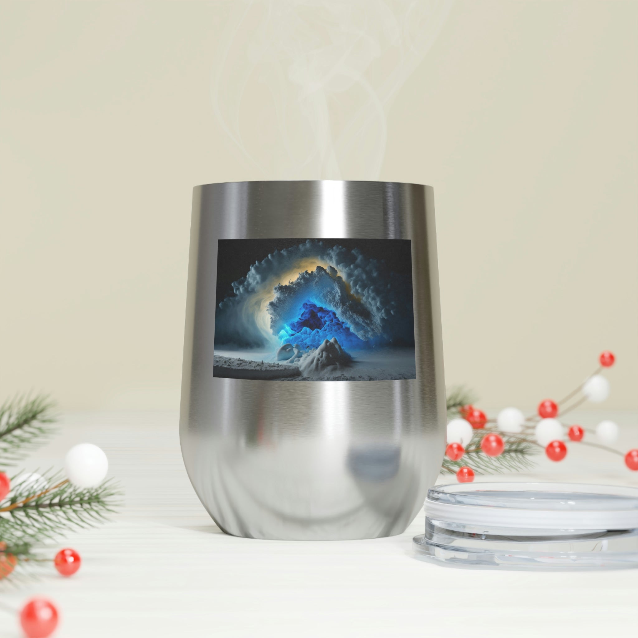 Arctic Wine Tumbler in stainless steel with a clear plastic lid, showcasing its stylish design and double-wall insulation.