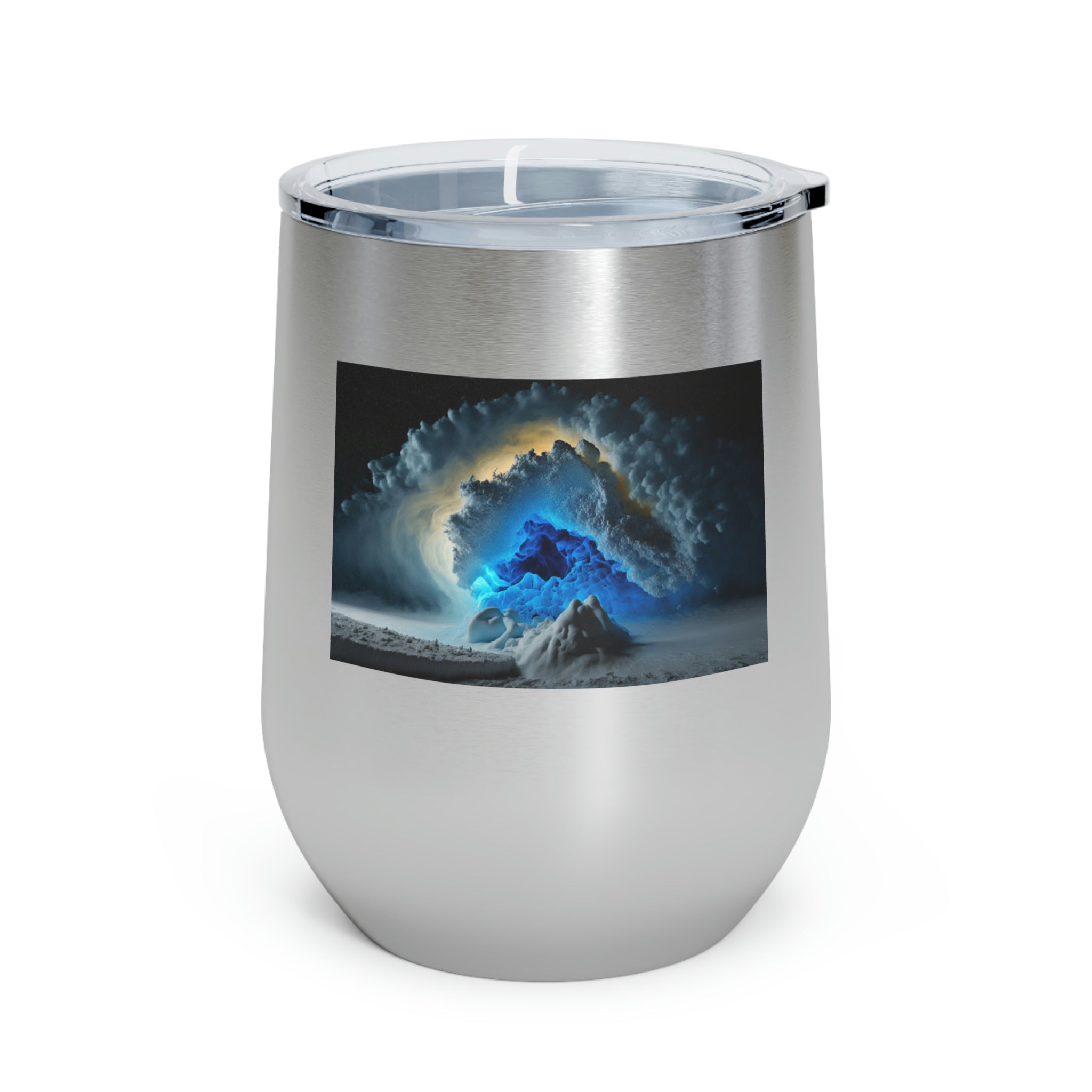 Arctic Wine Tumbler in stainless steel with a clear plastic lid, showcasing its stylish design and double-wall insulation.