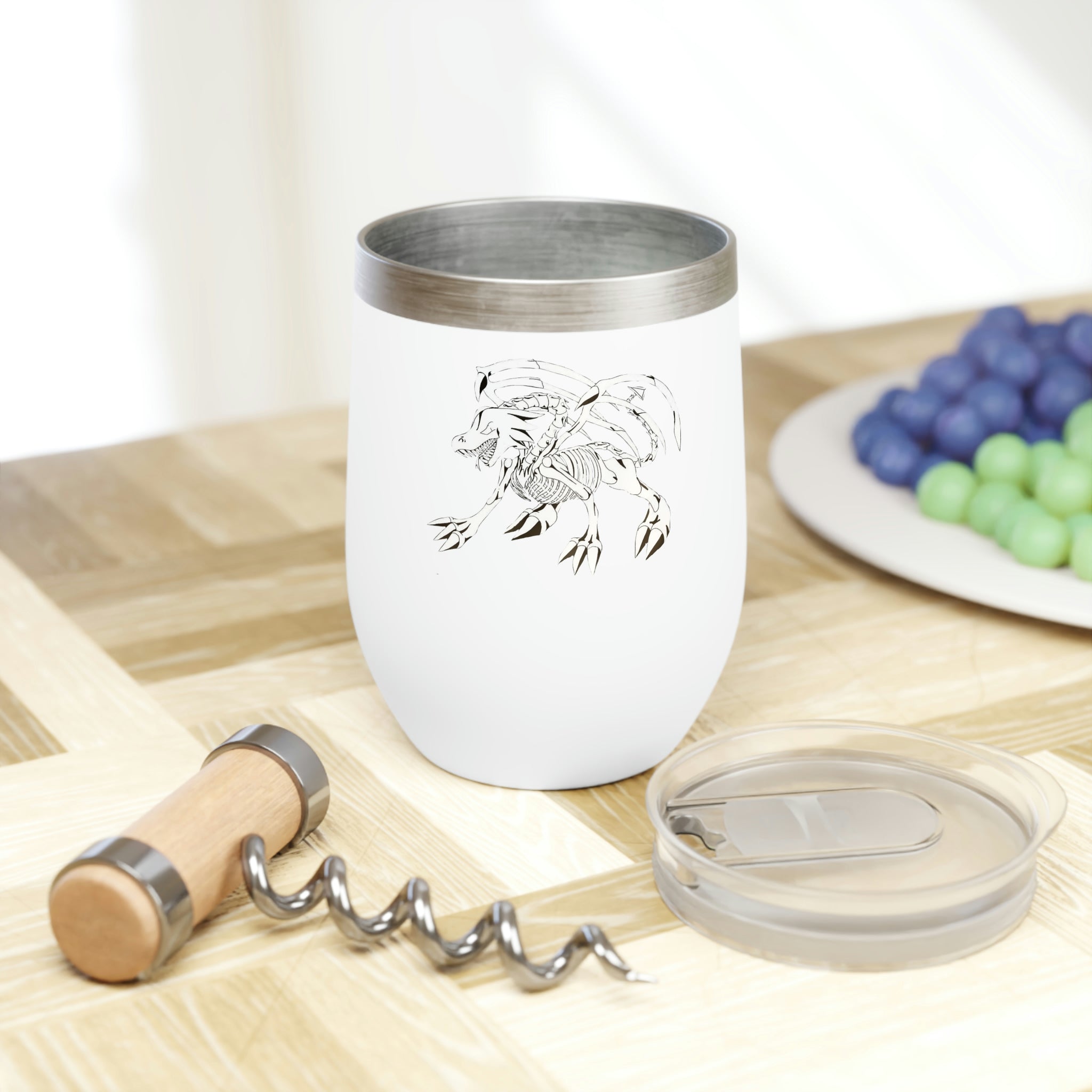 Argon Chill Wine Tumbler in stainless steel with a customizable design, showcasing its double-insulated walls and stemless shape.