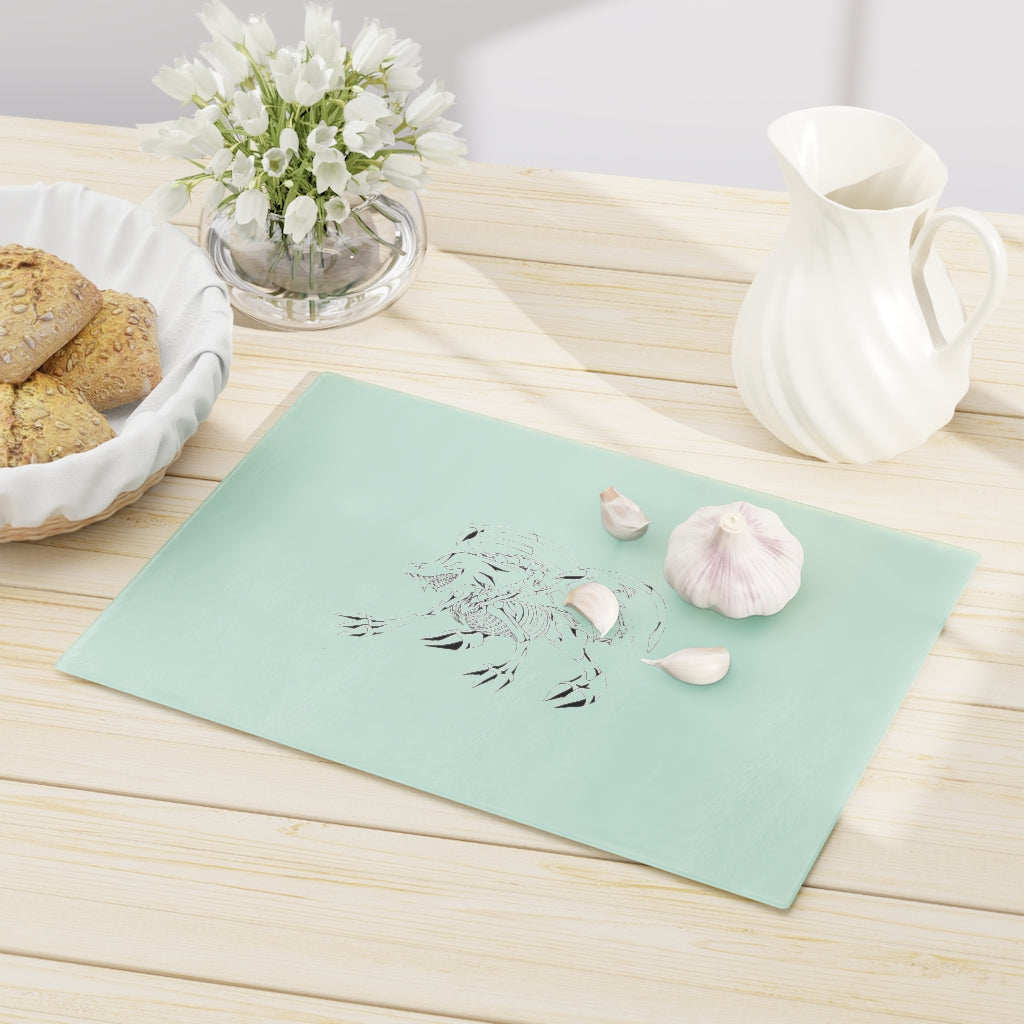 Argon Cutting Board made of tempered glass with rubber dots for stability, featuring a personalized design.