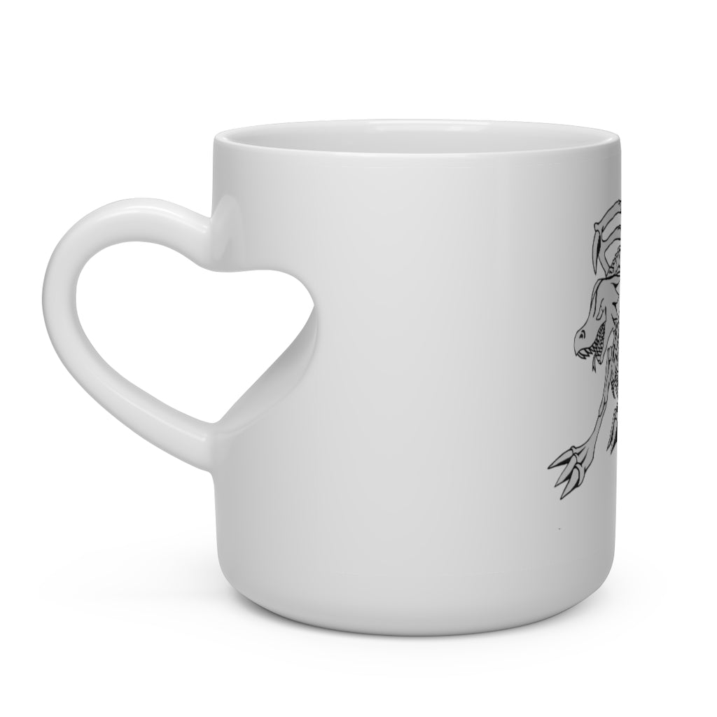 A white ceramic mug shaped like a heart with a heart-shaped handle, perfect for hot beverages.