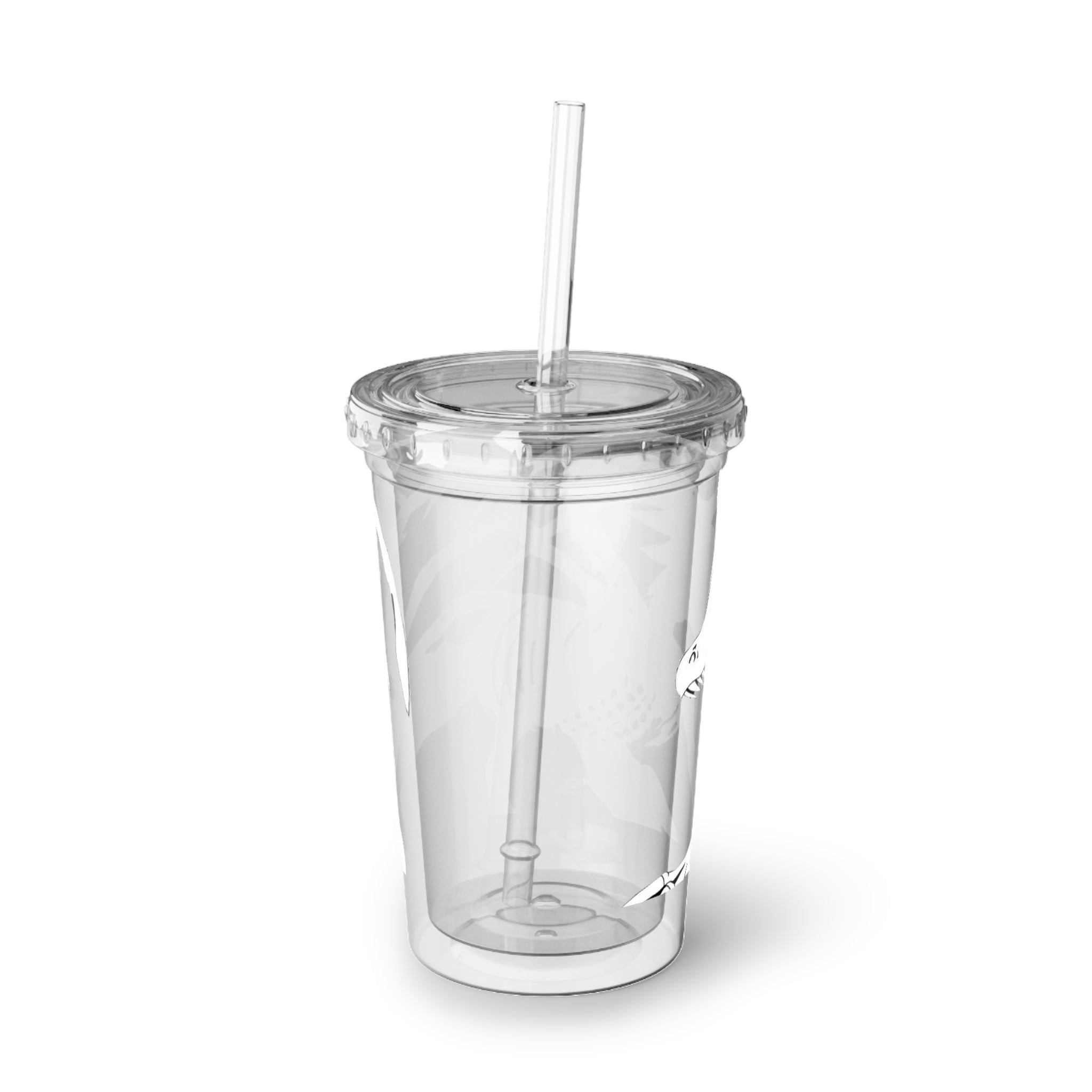 Argon Suave Acrylic Cup with double-wall insulation, featuring a plastic lid and straw, ideal for hot and cold beverages.