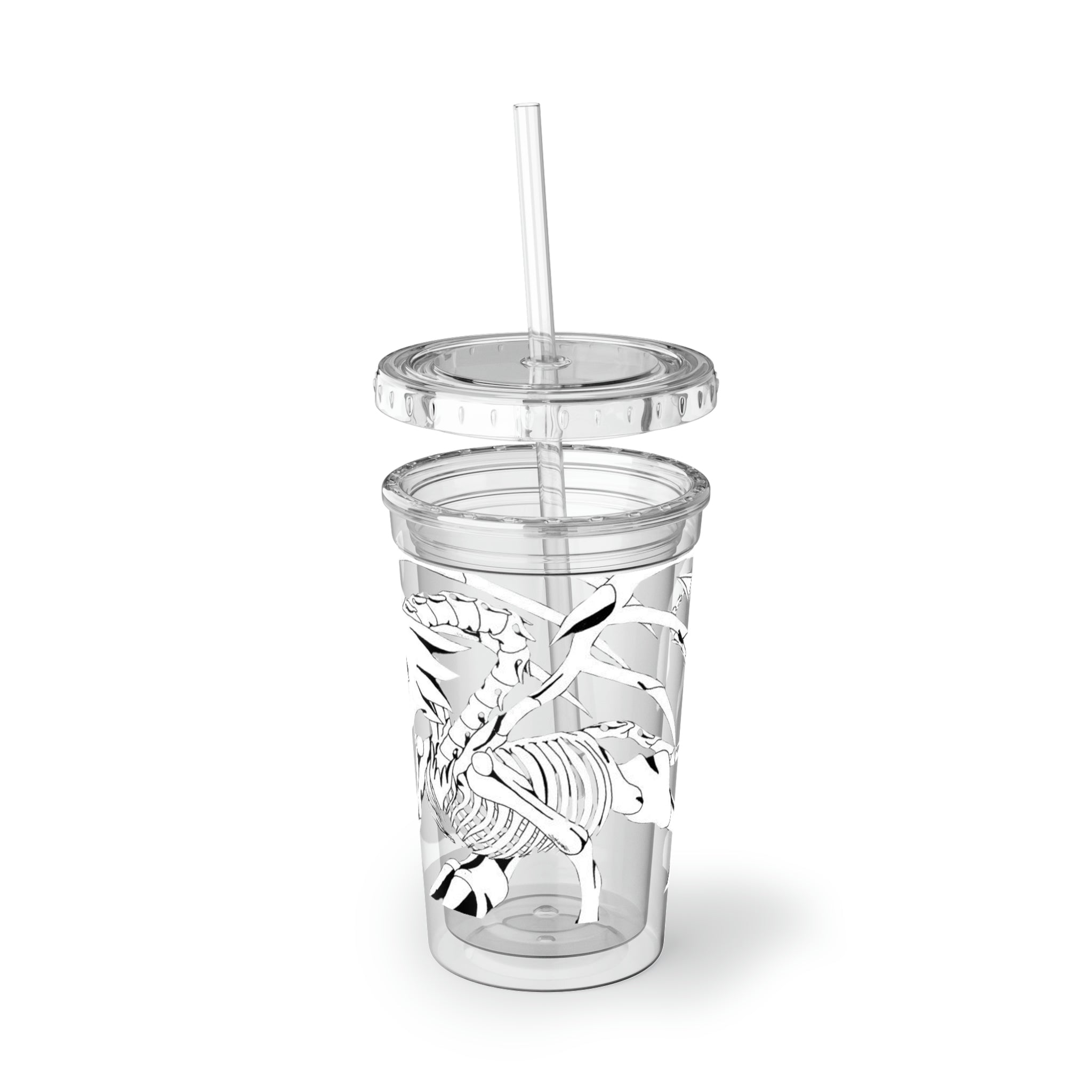 Argon Suave Acrylic Cup with double-wall insulation, featuring a plastic lid and straw, ideal for hot and cold beverages.