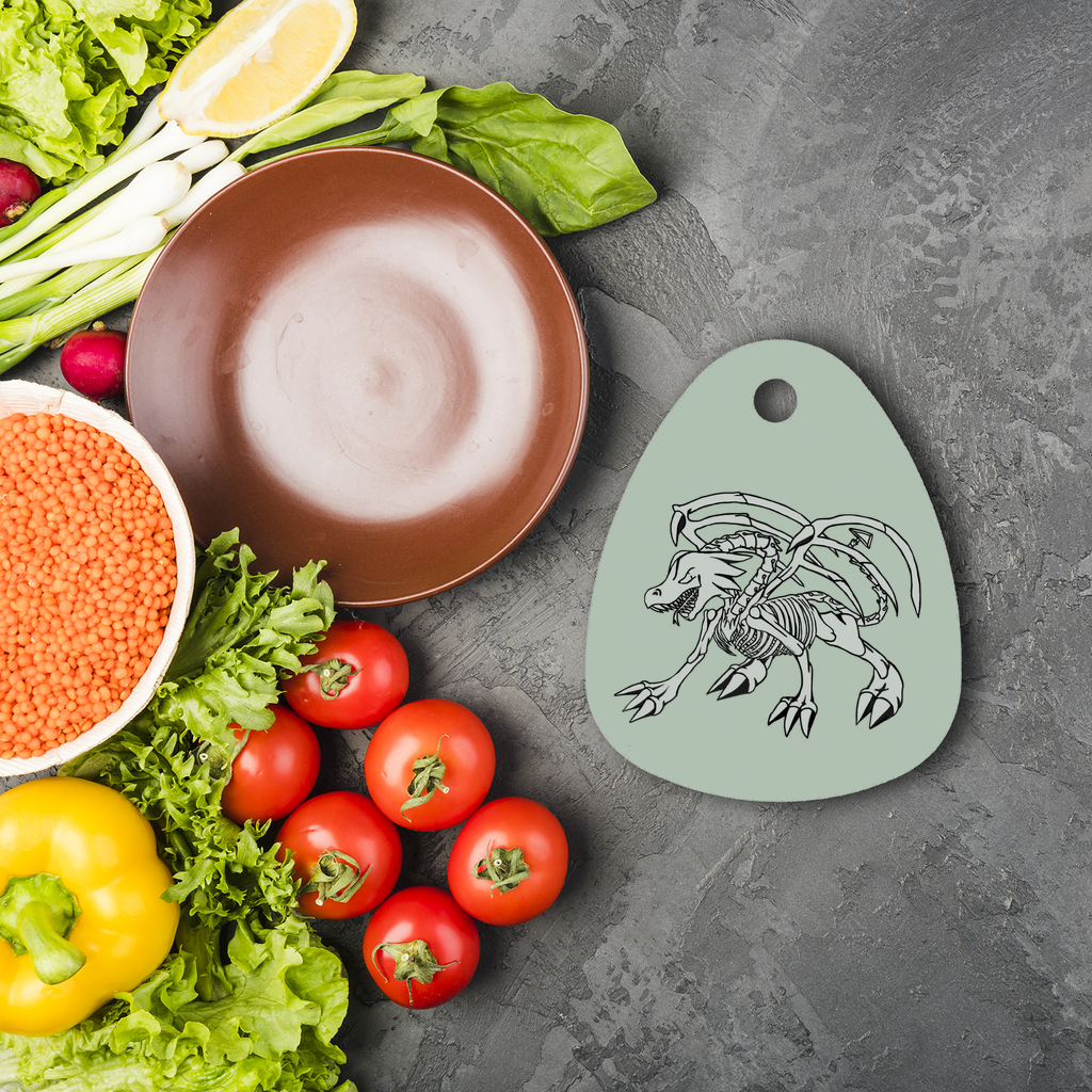 Argon Sublimation Glass Cutting Board in water droplet shape, made from toughened chinchilla glass, featuring rubber feet for stability.