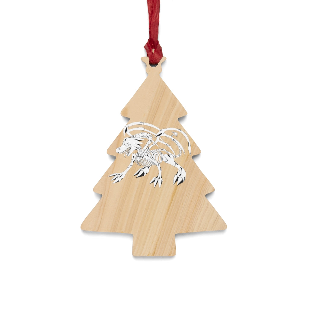 A collection of Argon Wooden Christmas Ornaments in various whimsical shapes, featuring a rustic wooden finish and red ribbons for hanging.