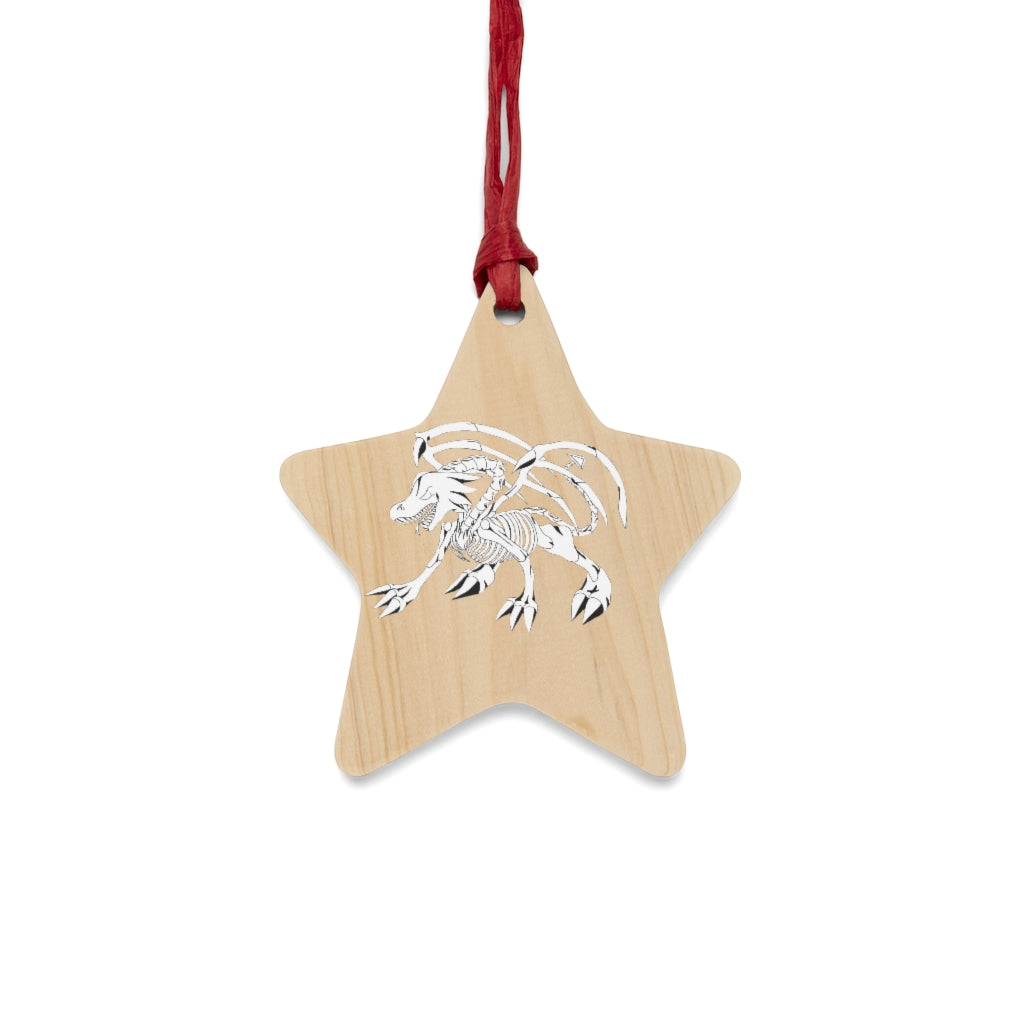 A collection of Argon Wooden Christmas Ornaments in various whimsical shapes, featuring a rustic wooden finish and red ribbons for hanging.