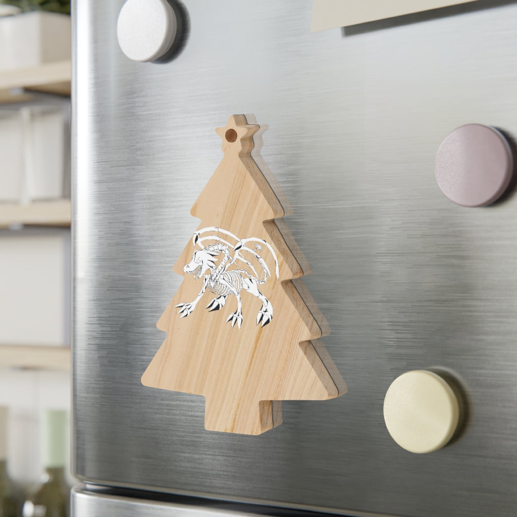 A collection of Argon Wooden Christmas Ornaments in various whimsical shapes, featuring a rustic wooden finish and red ribbons for hanging.