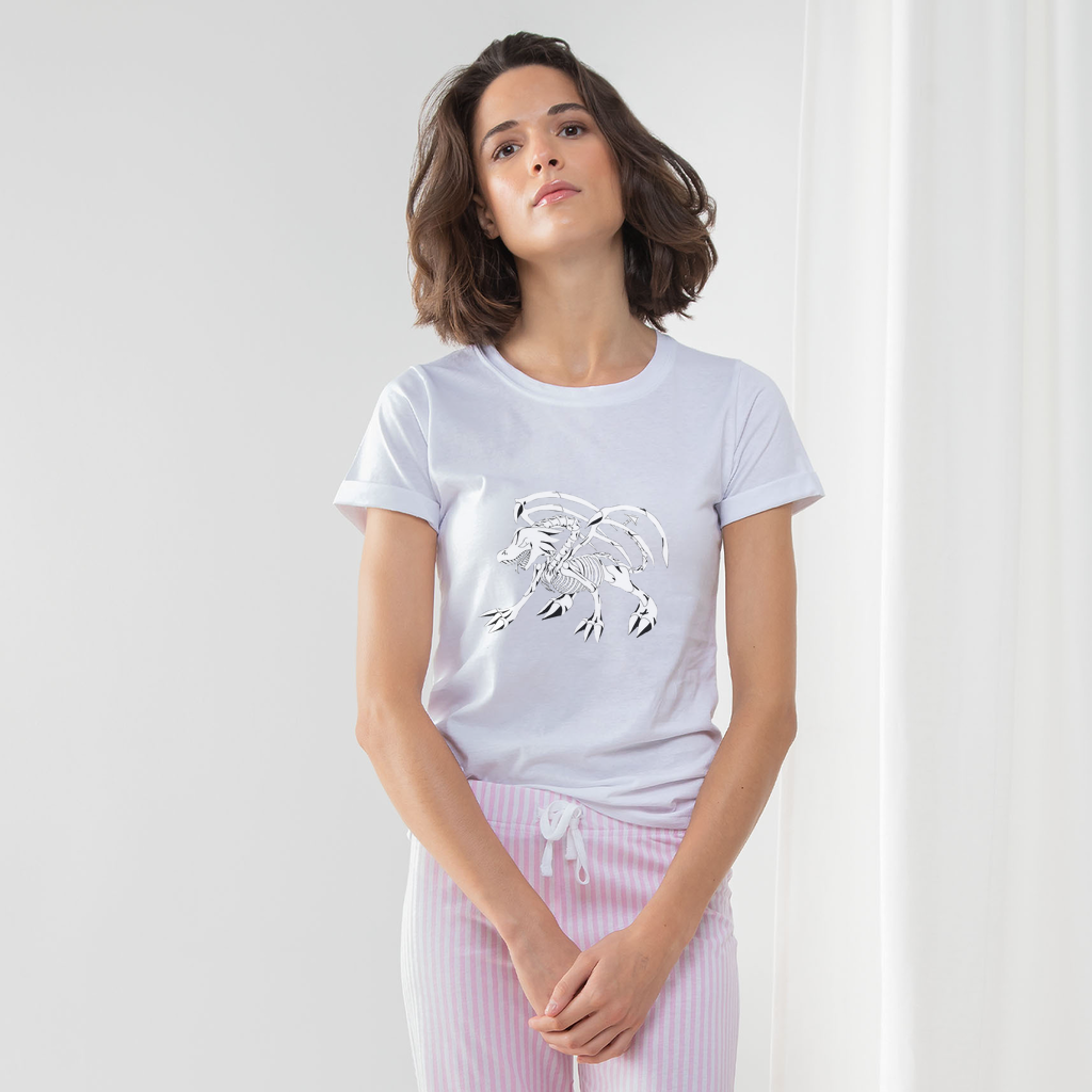 Argon Women's Long Pant Pyjama Set featuring a white t-shirt, heather grey and light pink striped pants, and a matching drawcord bag.