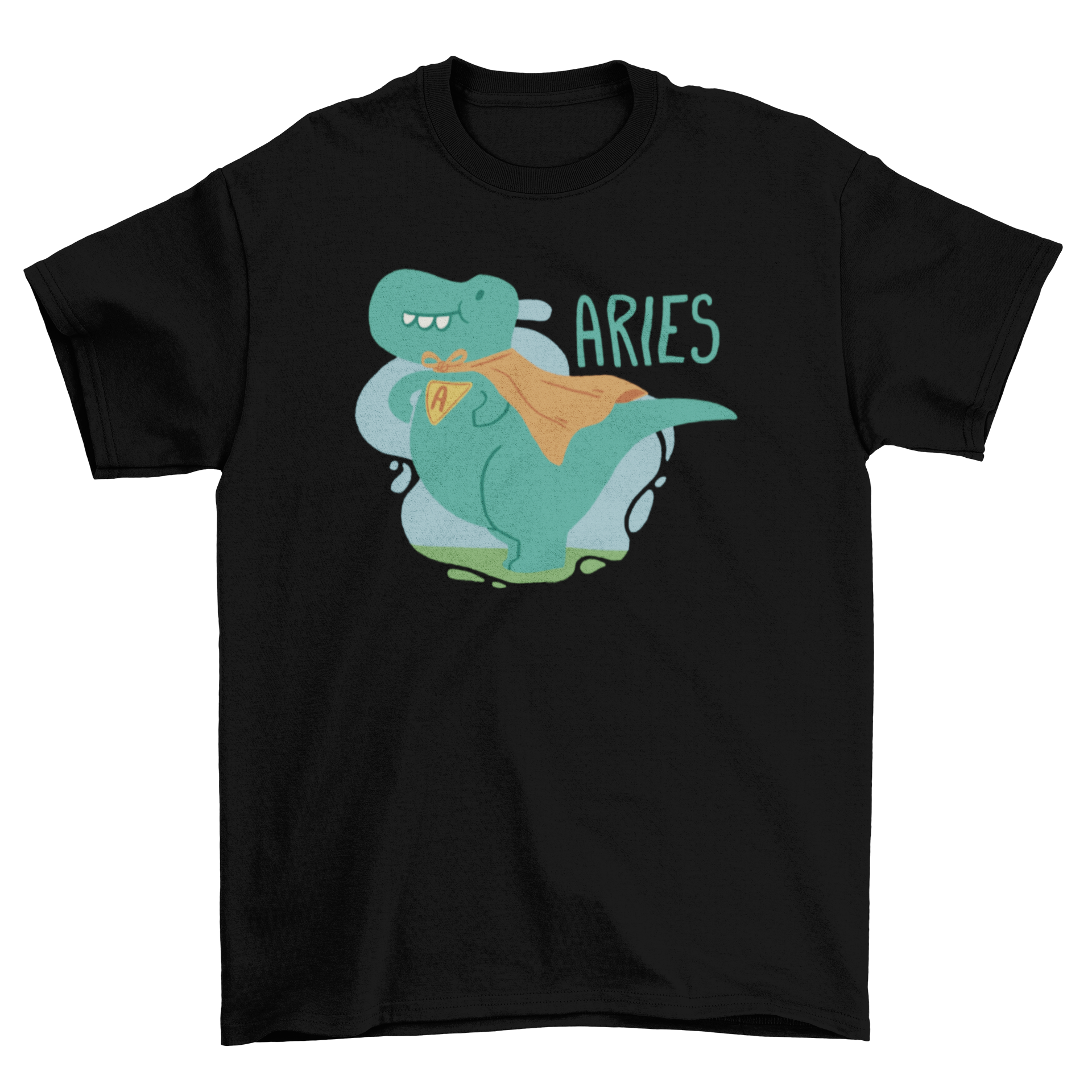 A vibrant t-shirt featuring a dinosaur in a cape with the word 'Aries' printed on it, showcasing a fun and playful design.