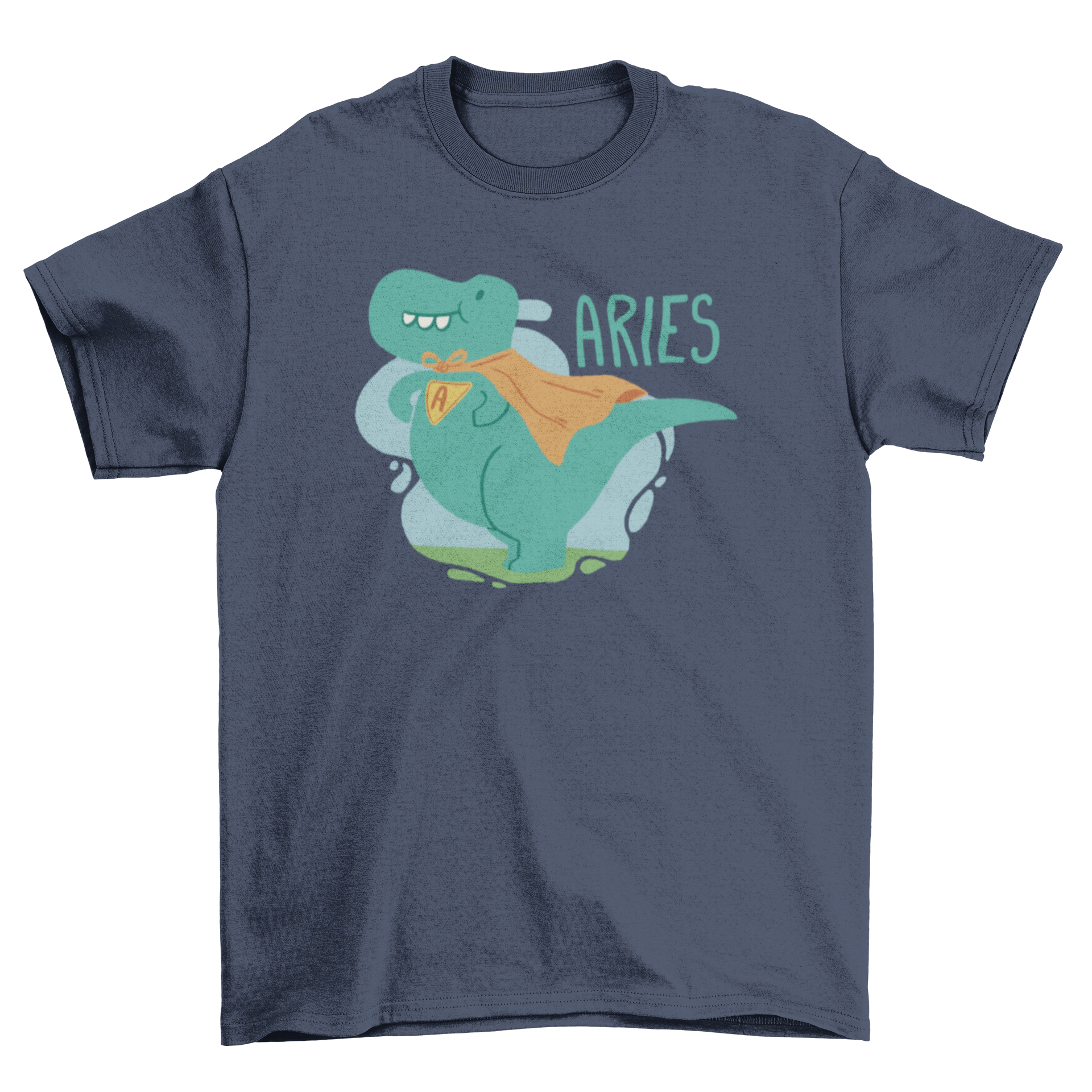 A vibrant t-shirt featuring a dinosaur in a cape with the word 'Aries' printed on it, showcasing a fun and playful design.