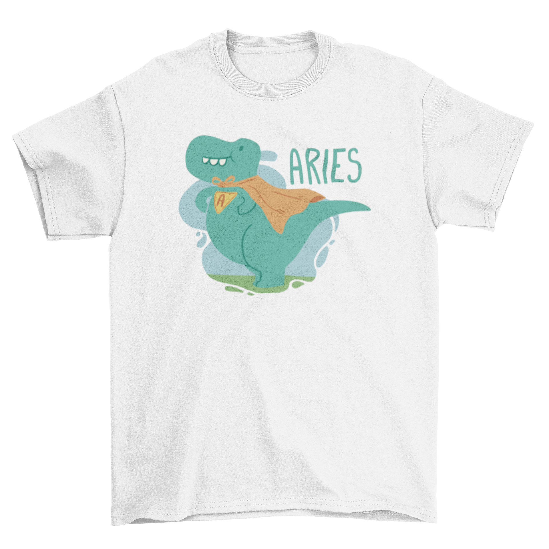 A vibrant t-shirt featuring a dinosaur in a cape with the word 'Aries' printed on it, showcasing a fun and playful design.