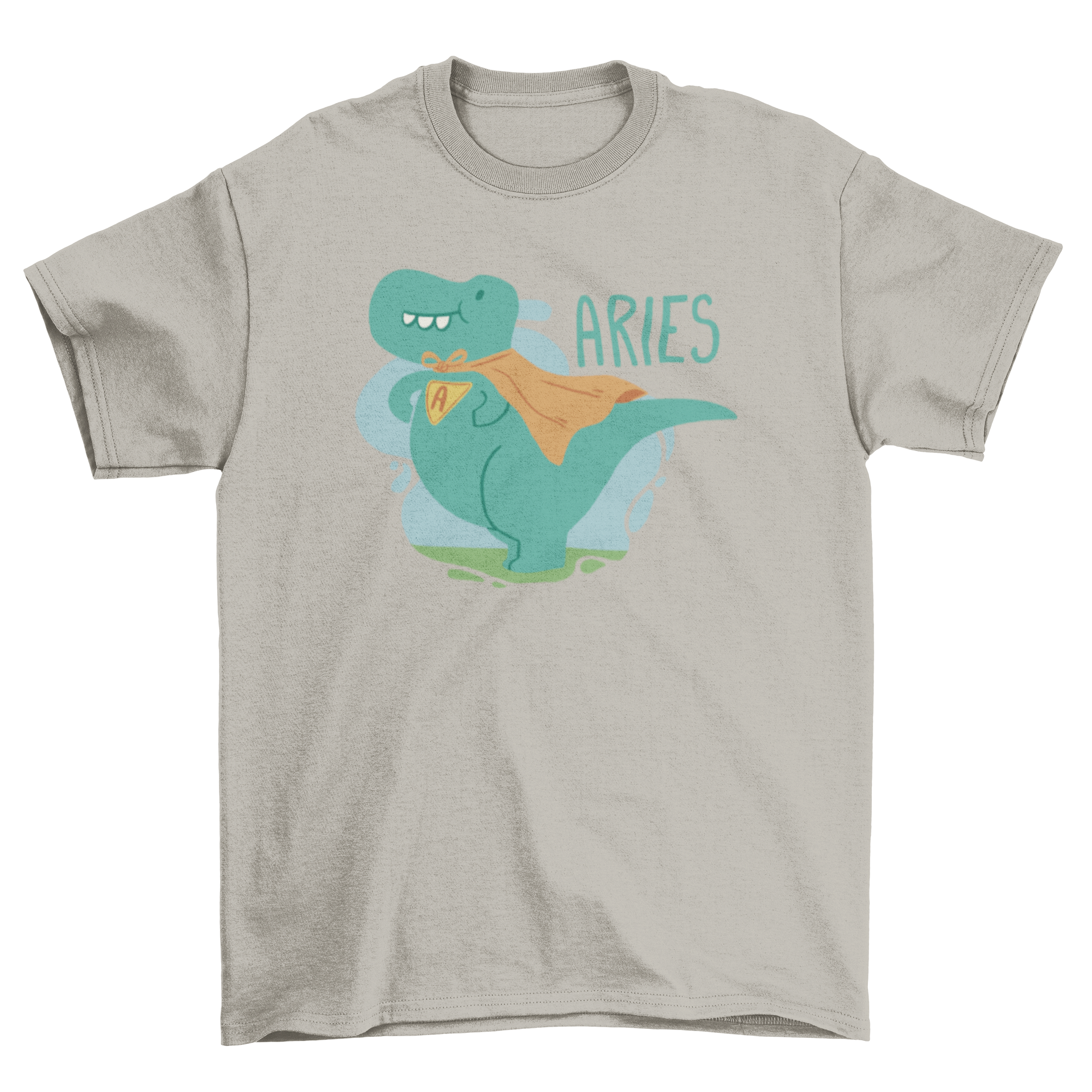 A vibrant t-shirt featuring a dinosaur in a cape with the word 'Aries' printed on it, showcasing a fun and playful design.