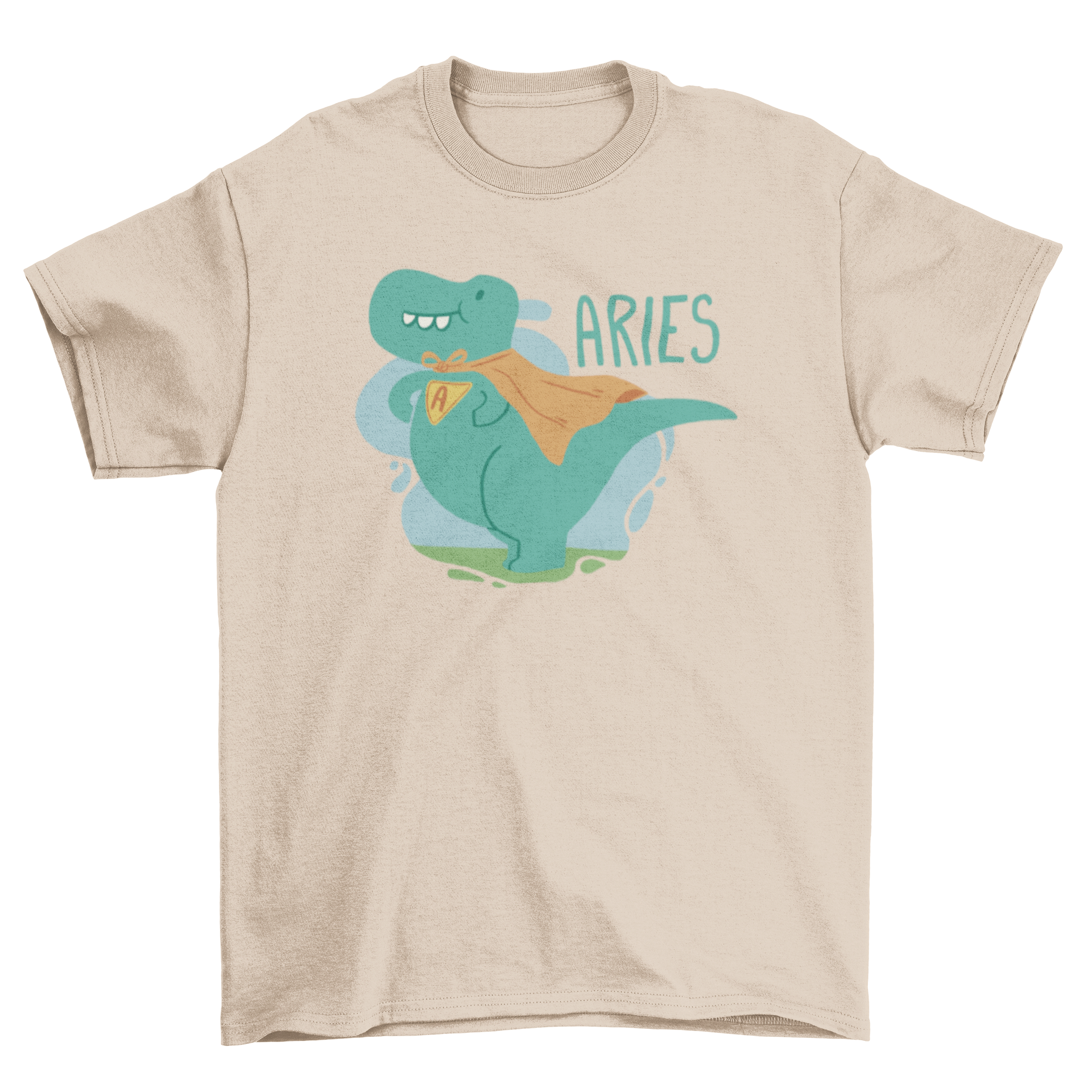 A vibrant t-shirt featuring a dinosaur in a cape with the word 'Aries' printed on it, showcasing a fun and playful design.