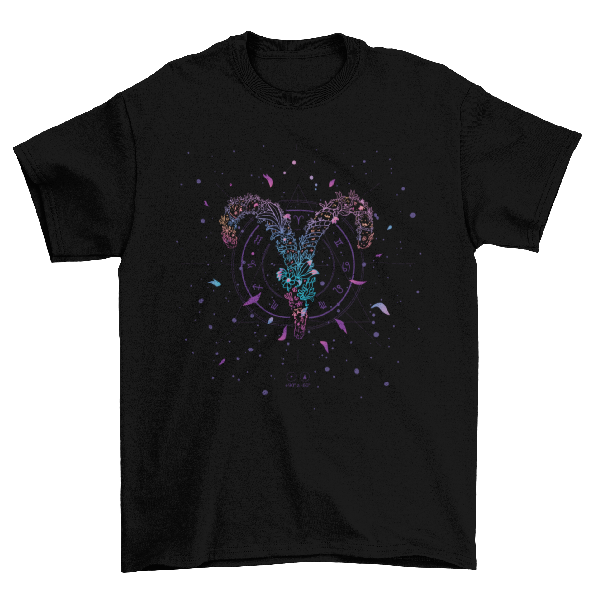 A stylish t-shirt featuring the Aries zodiac sign in elegant floral line art design, perfect for astrology enthusiasts.