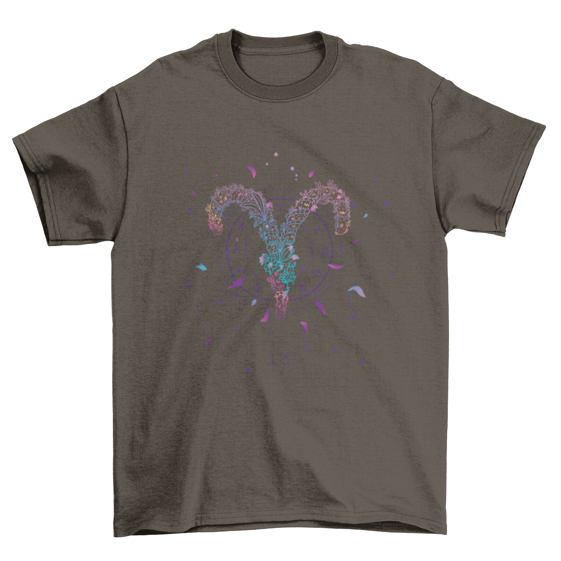 A stylish t-shirt featuring the Aries zodiac sign in elegant floral line art design, perfect for astrology enthusiasts.