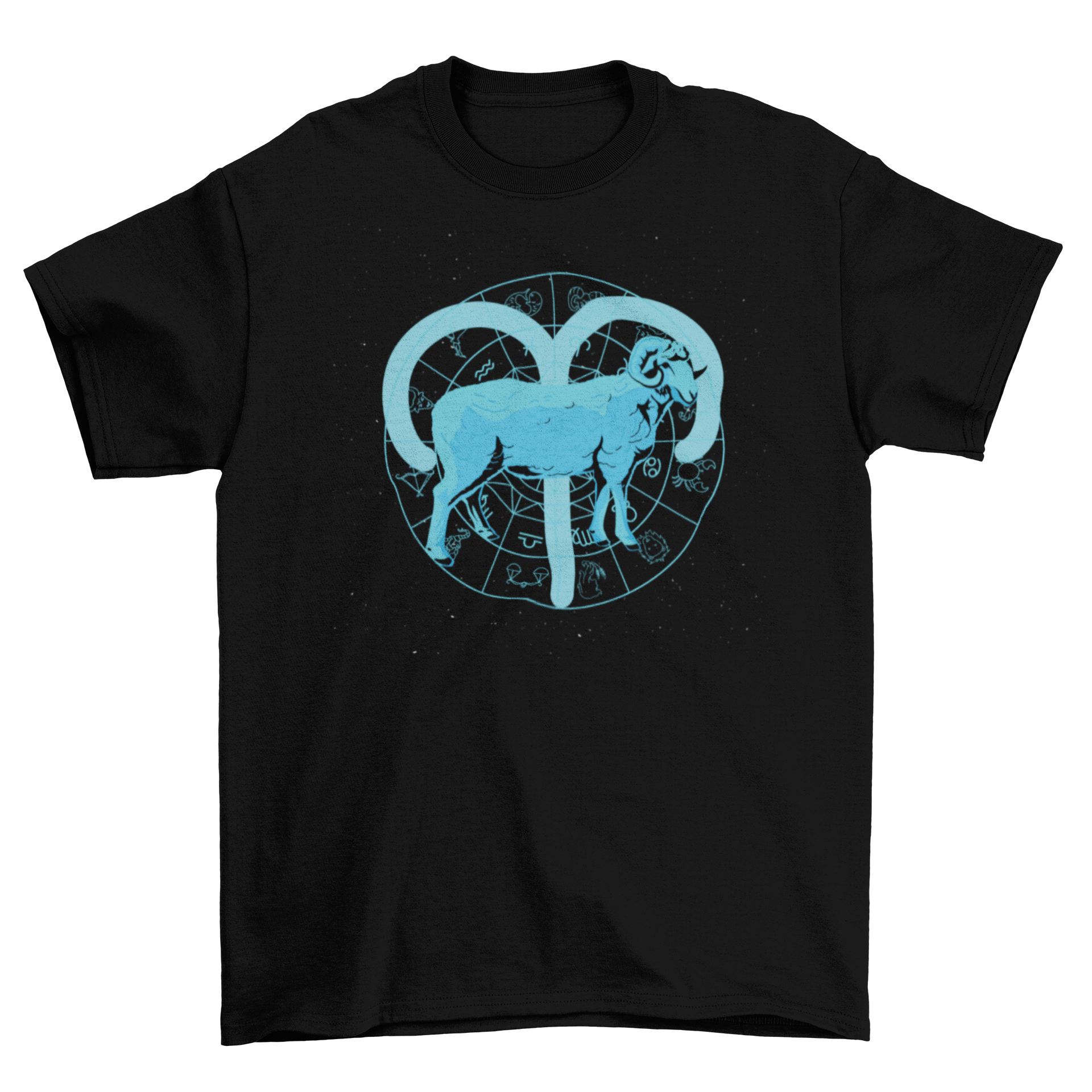 Stylish Aries zodiac sign t-shirt featuring a semi-flat design of the ram symbol.