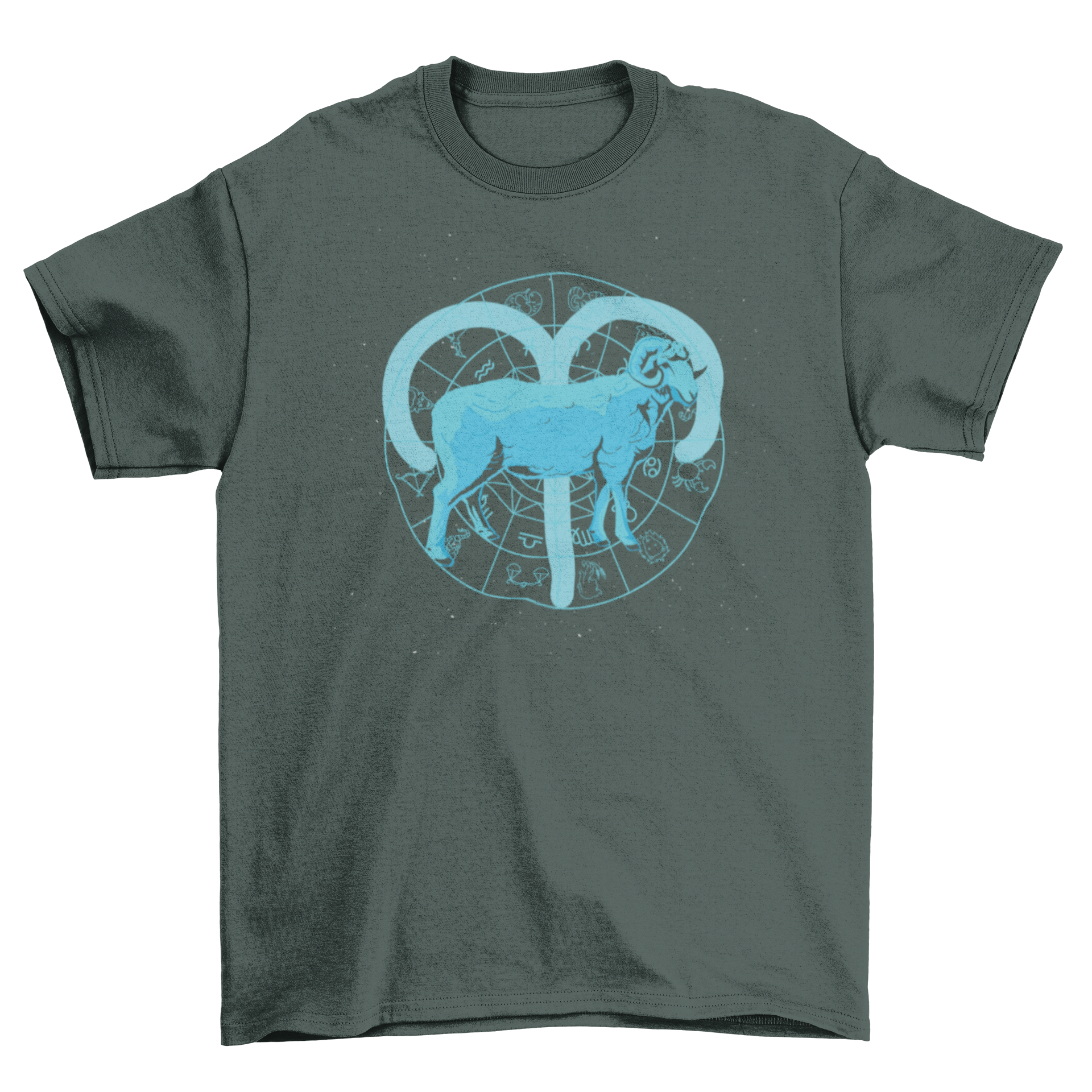 Stylish Aries zodiac sign t-shirt featuring a semi-flat design of the ram symbol.