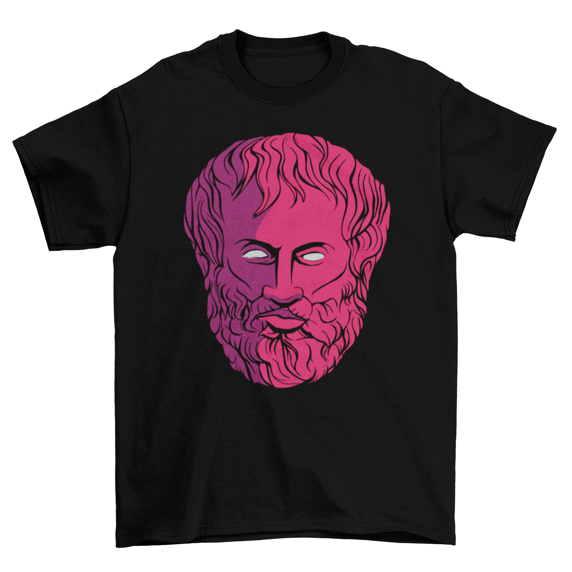 A stylish t-shirt featuring a detailed illustration of Aristotle's face, perfect for philosophy enthusiasts.