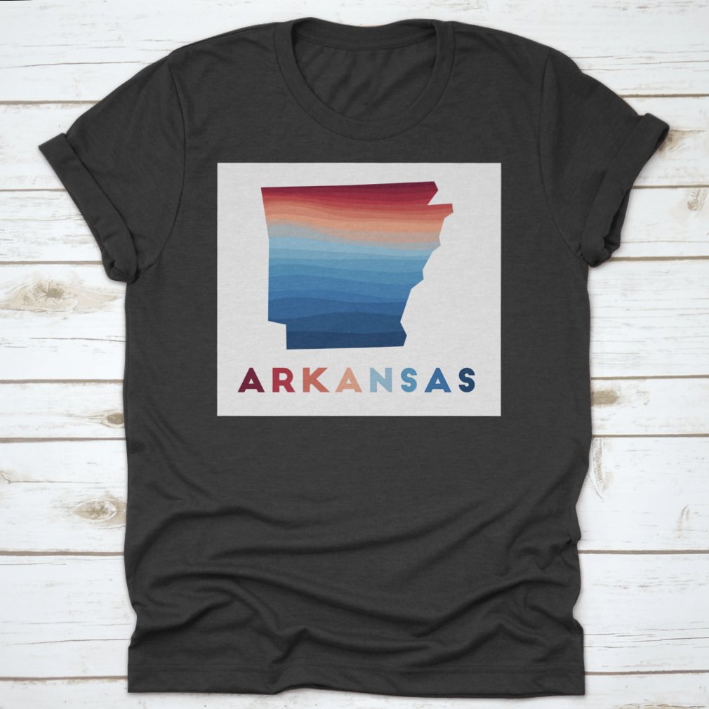 Arkansas map featuring beautiful geometric waves in red, showcasing the state's unique geography and artistic design.