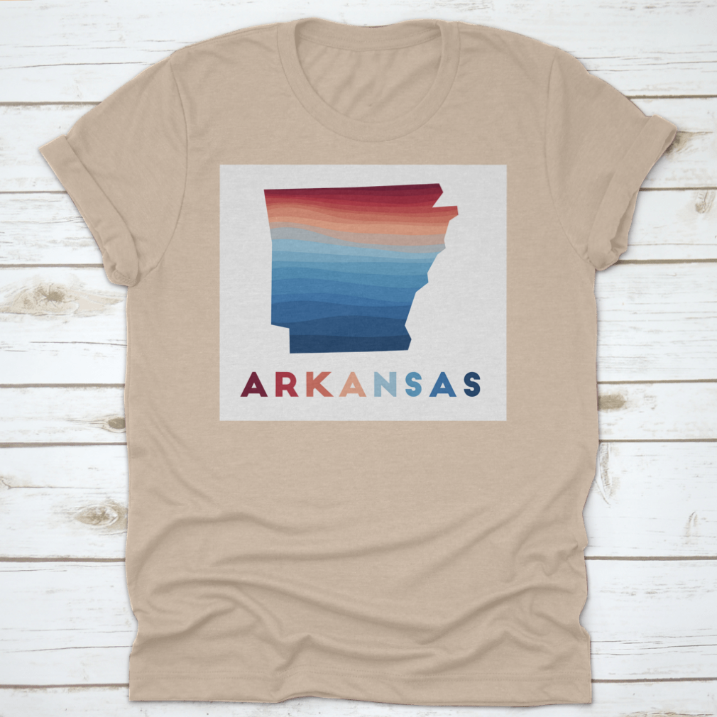 Arkansas map featuring beautiful geometric waves in red, showcasing the state's unique geography and artistic design.