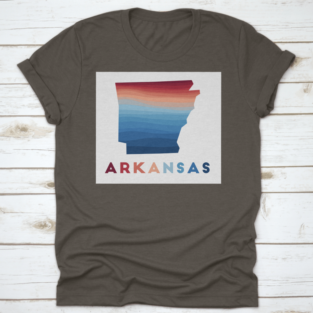 Arkansas map featuring beautiful geometric waves in red, showcasing the state's unique geography and artistic design.