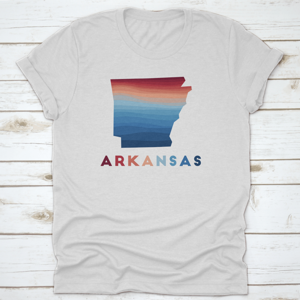 Arkansas map featuring beautiful geometric waves in red, showcasing the state's unique geography and artistic design.