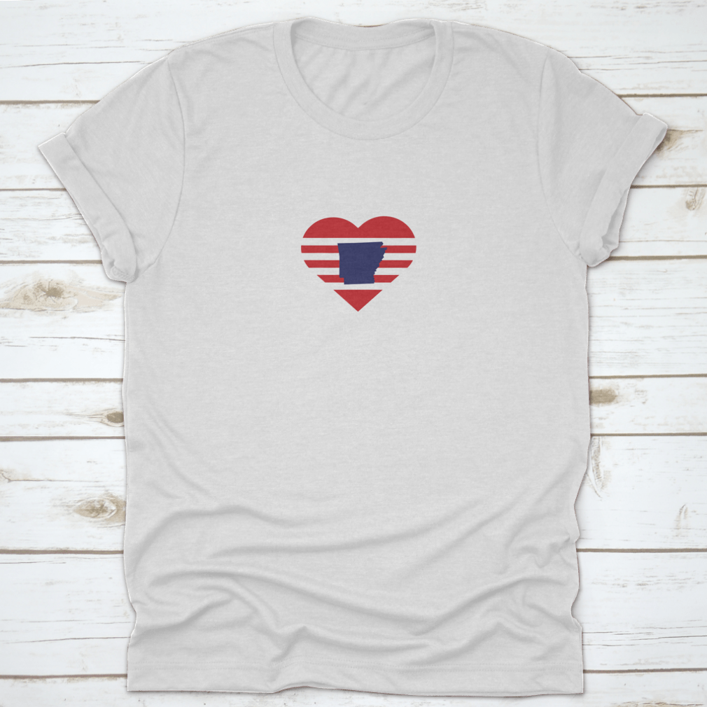 A stylish Arkansas Outline Map shirt featuring red stripes and USA symbol, made from high-quality cotton.