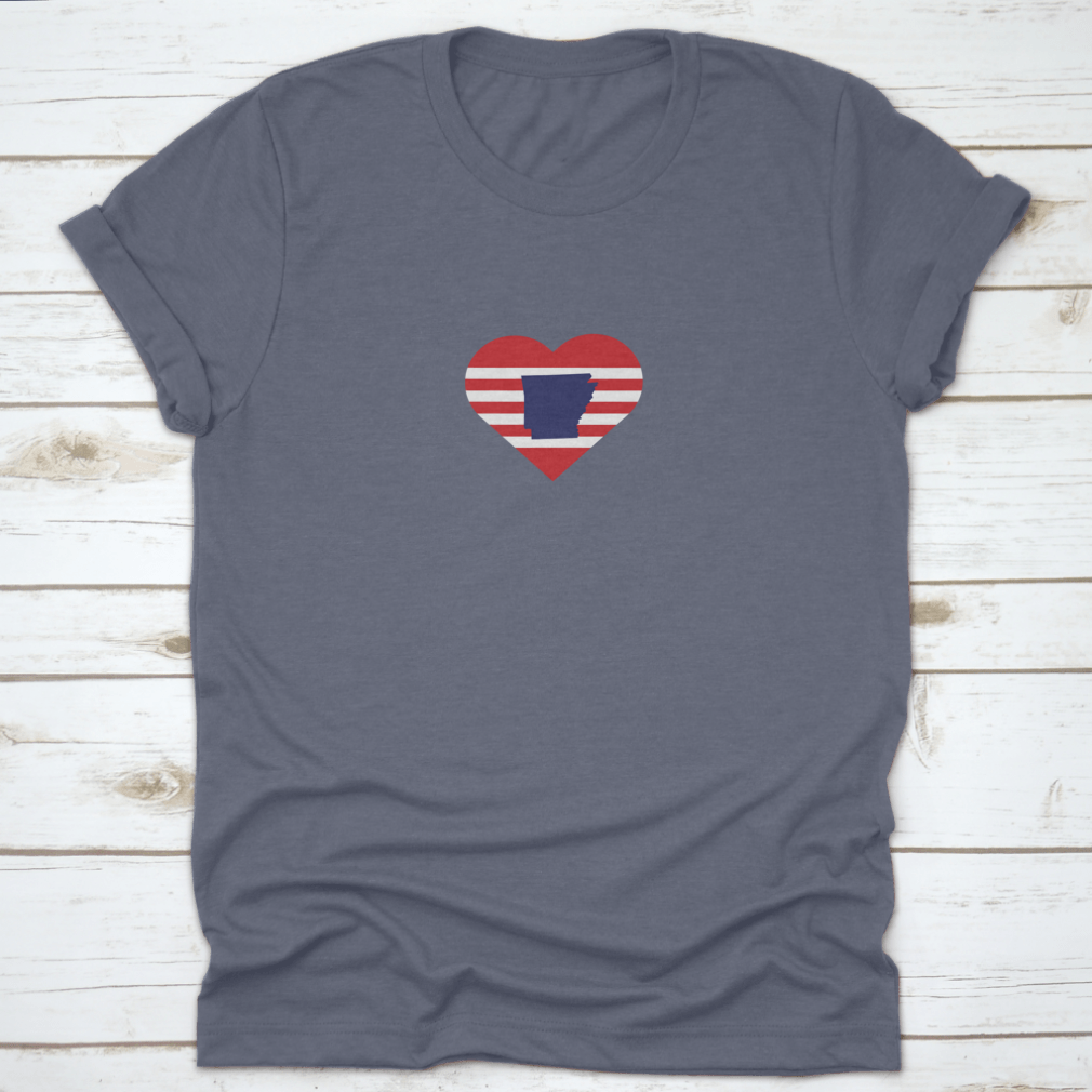 A stylish Arkansas Outline Map shirt featuring red stripes and USA symbol, made from high-quality cotton.