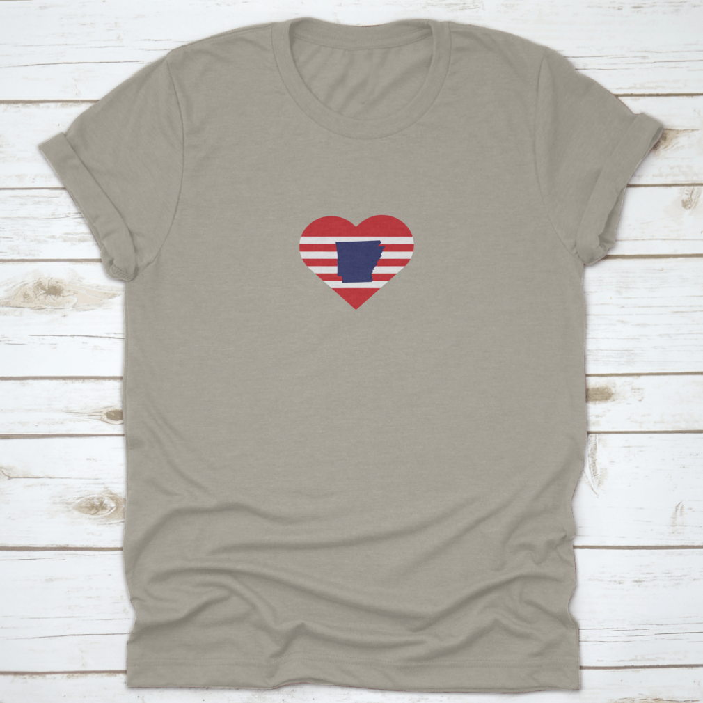 A stylish Arkansas Outline Map shirt featuring red stripes and USA symbol, made from high-quality cotton.