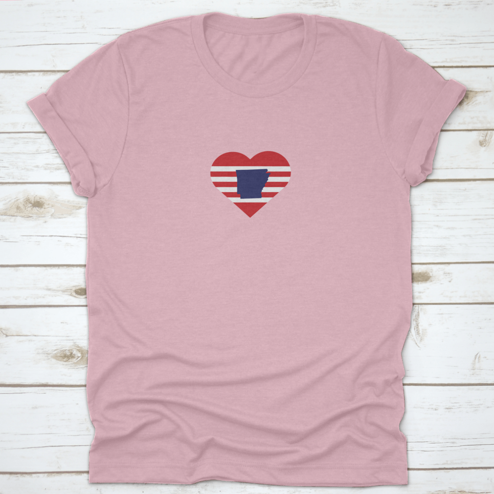 A stylish Arkansas Outline Map shirt featuring red stripes and USA symbol, made from high-quality cotton.