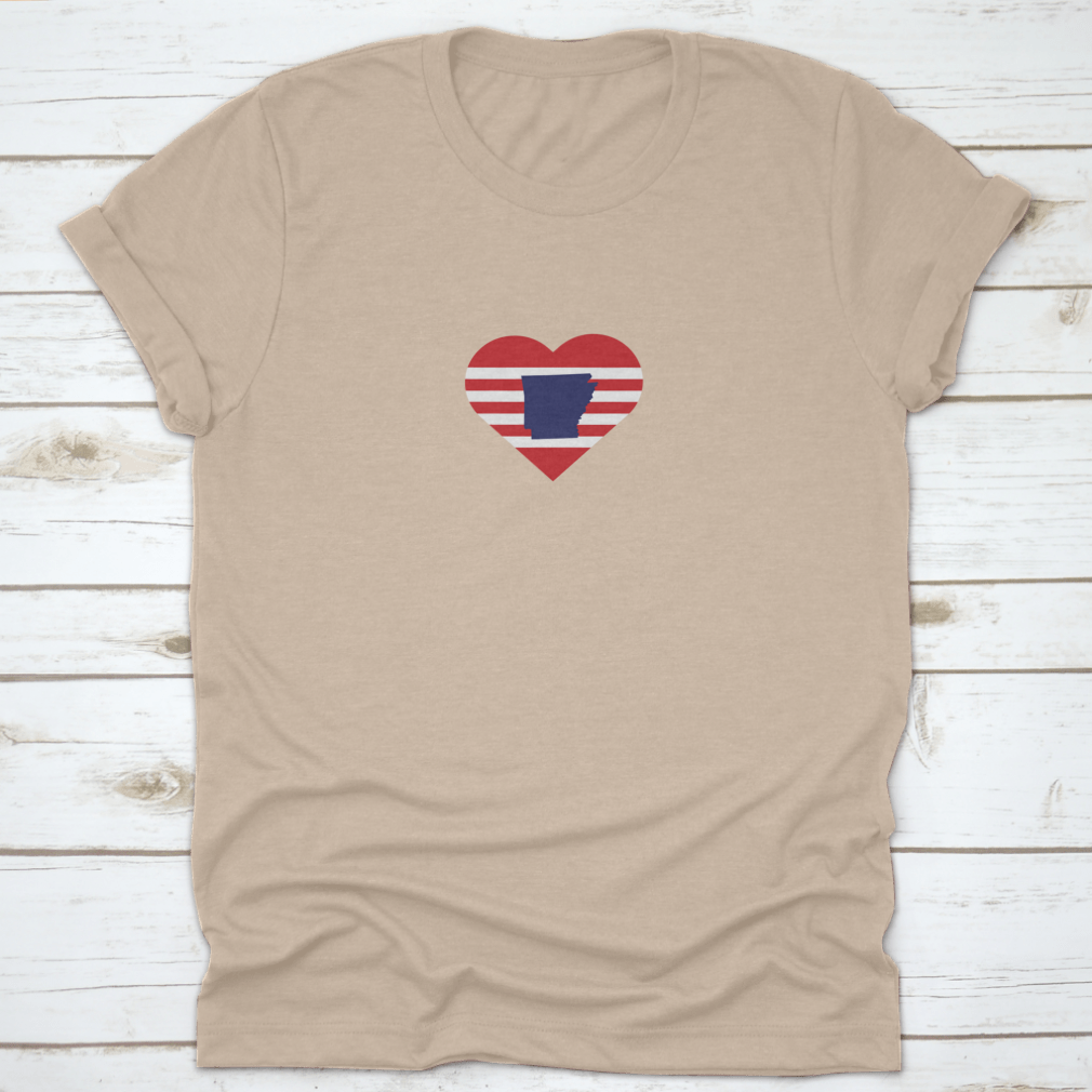 A stylish Arkansas Outline Map shirt featuring red stripes and USA symbol, made from high-quality cotton.