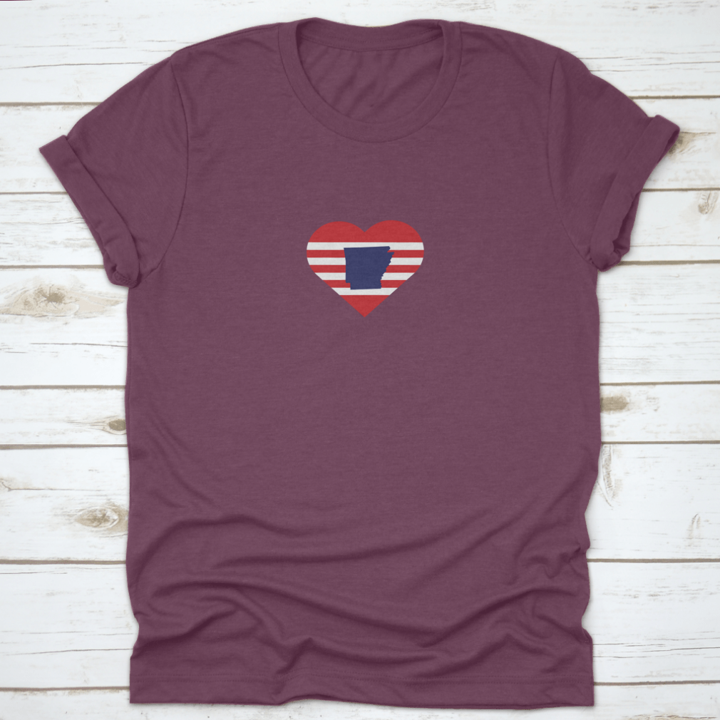 A stylish Arkansas Outline Map shirt featuring red stripes and USA symbol, made from high-quality cotton.