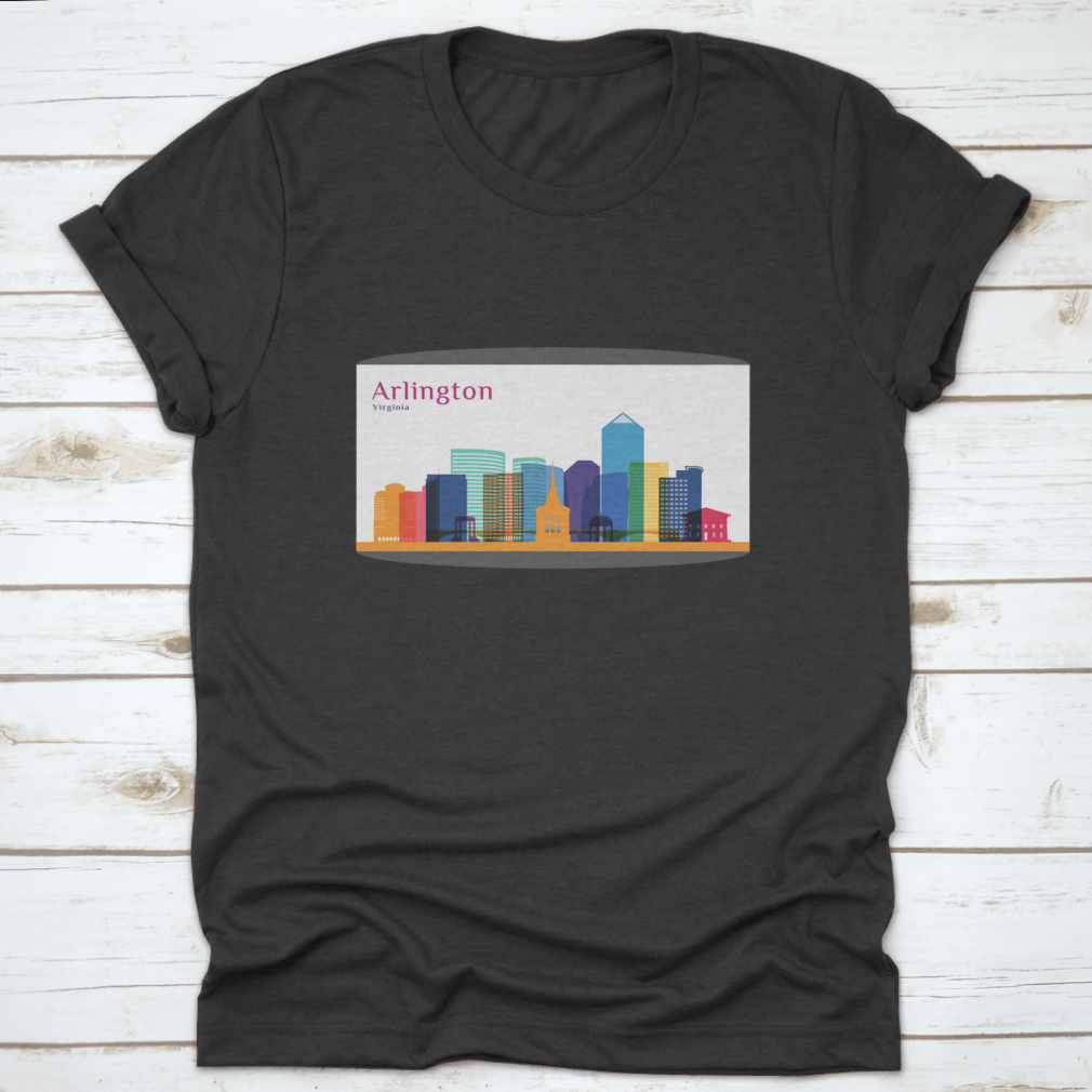 Colorful skyline silhouette of Arlington City, Virginia, featured on a stylish cotton T-shirt.