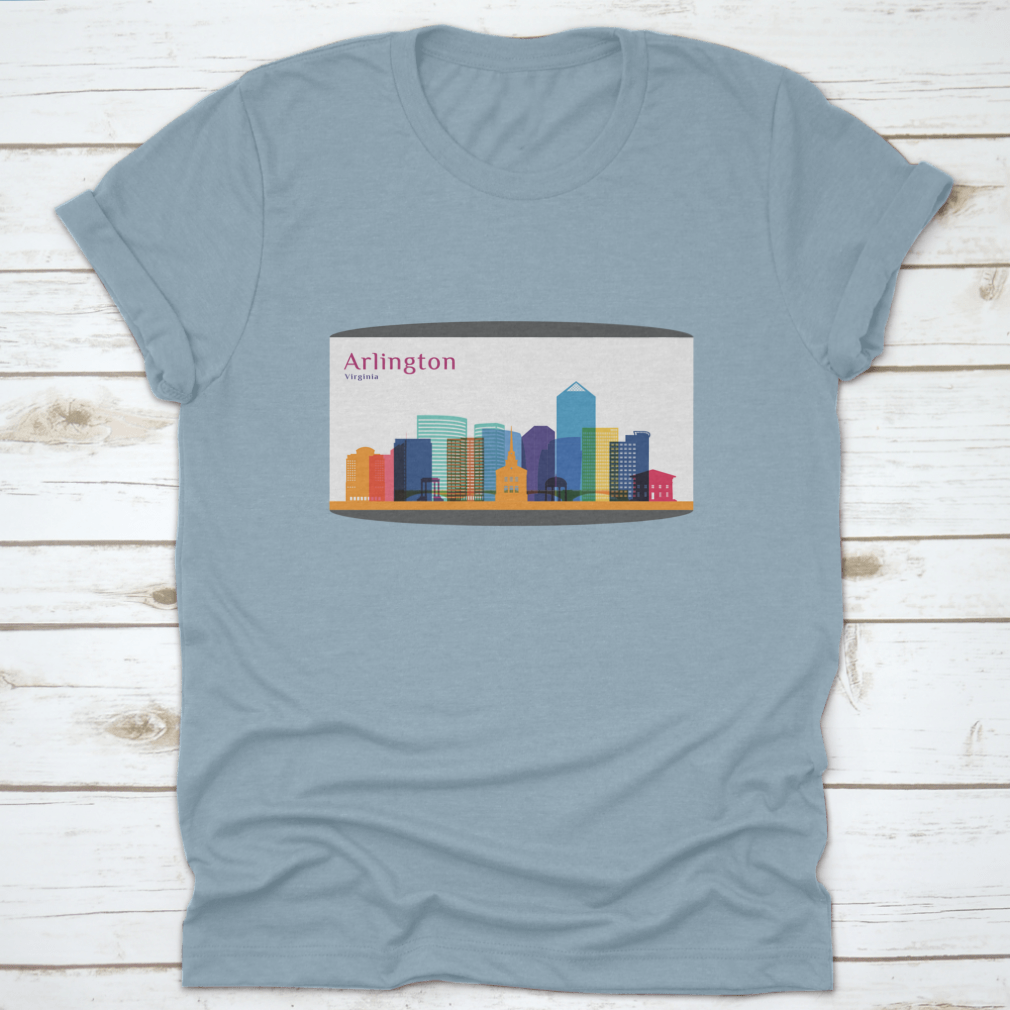 Colorful skyline silhouette of Arlington City, Virginia, featured on a stylish cotton T-shirt.