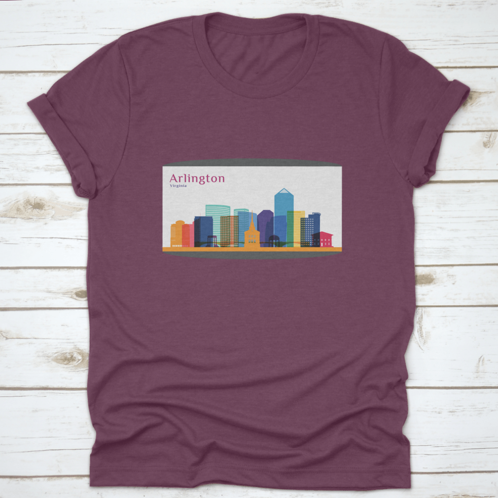 Colorful skyline silhouette of Arlington City, Virginia, featured on a stylish cotton T-shirt.