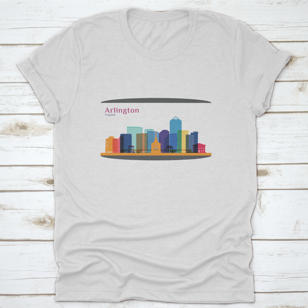 Colorful skyline silhouette of Arlington City, Virginia, featured on a stylish cotton T-shirt.