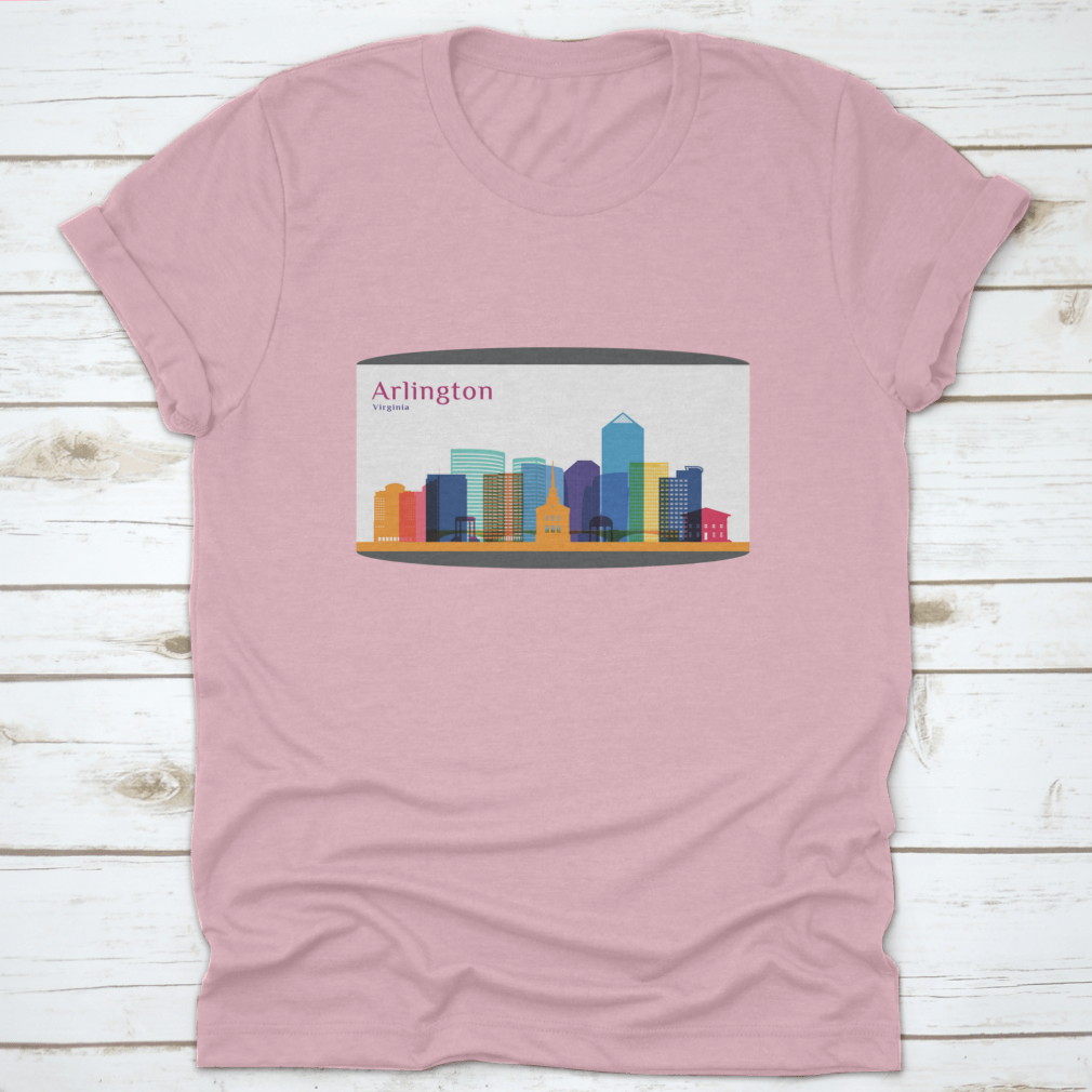 Colorful skyline silhouette of Arlington City, Virginia, featured on a stylish cotton T-shirt.