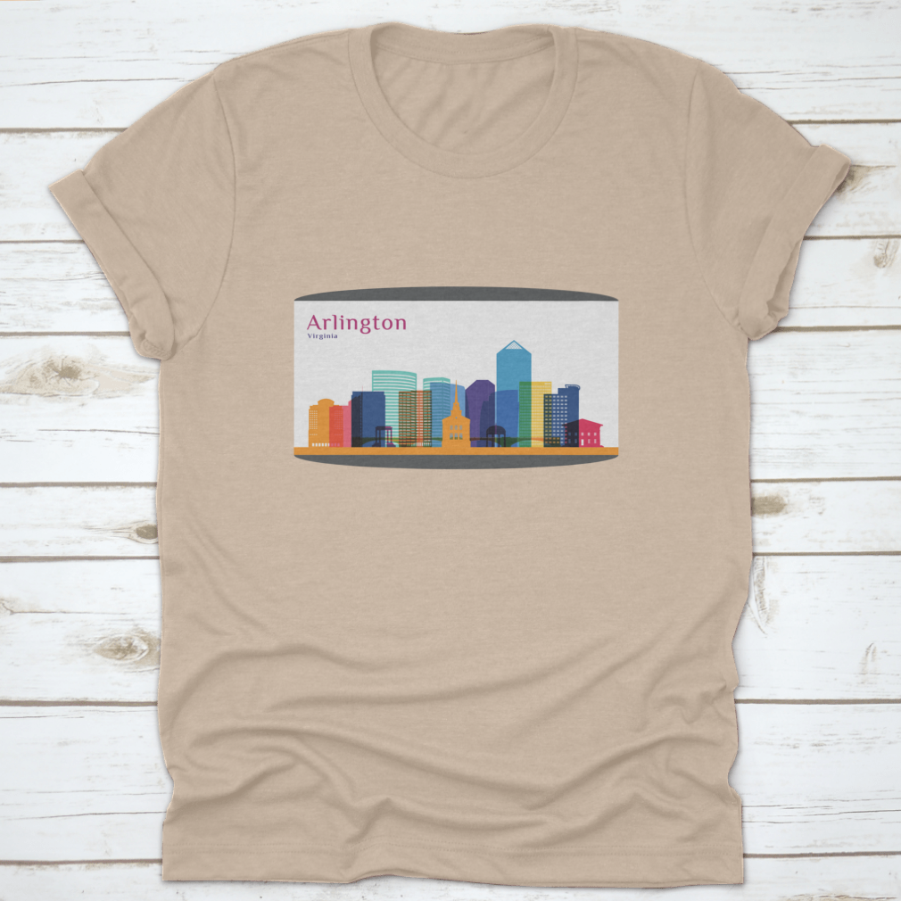 Colorful skyline silhouette of Arlington City, Virginia, featured on a stylish cotton T-shirt.