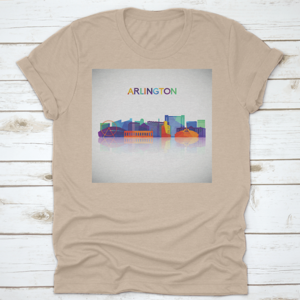 Colorful geometric style shirt featuring the Arlington Texas skyline silhouette, showcasing vibrant colors and a modern design.