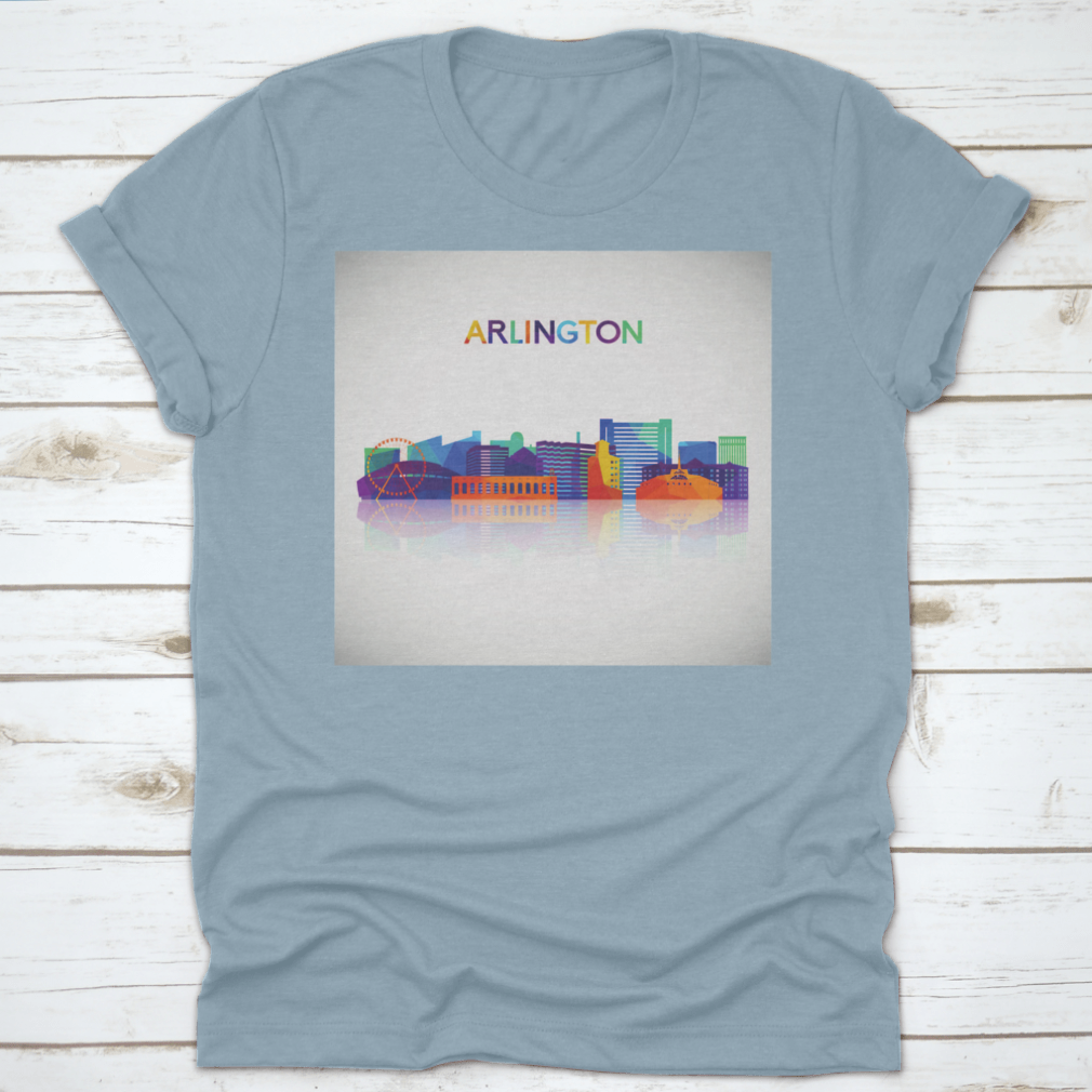 Colorful geometric style shirt featuring the Arlington Texas skyline silhouette, showcasing vibrant colors and a modern design.