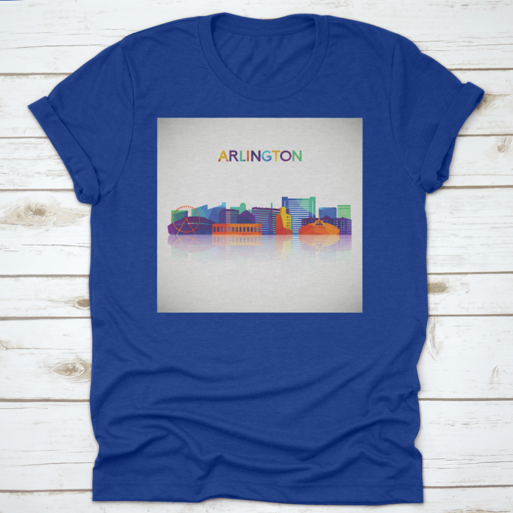 Colorful geometric style shirt featuring the Arlington Texas skyline silhouette, showcasing vibrant colors and a modern design.