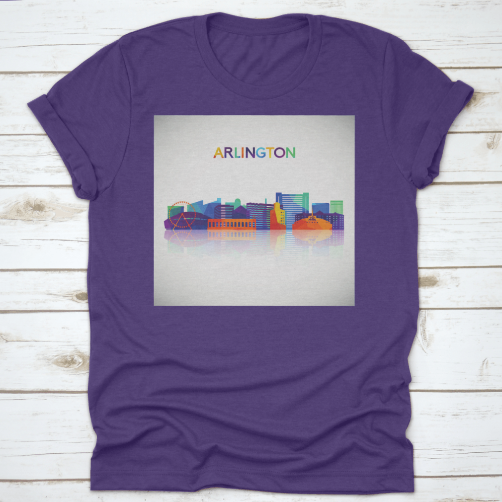 Colorful geometric style shirt featuring the Arlington Texas skyline silhouette, showcasing vibrant colors and a modern design.