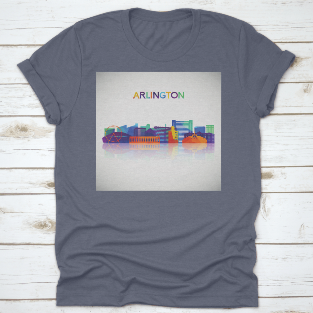 Colorful geometric style shirt featuring the Arlington Texas skyline silhouette, showcasing vibrant colors and a modern design.