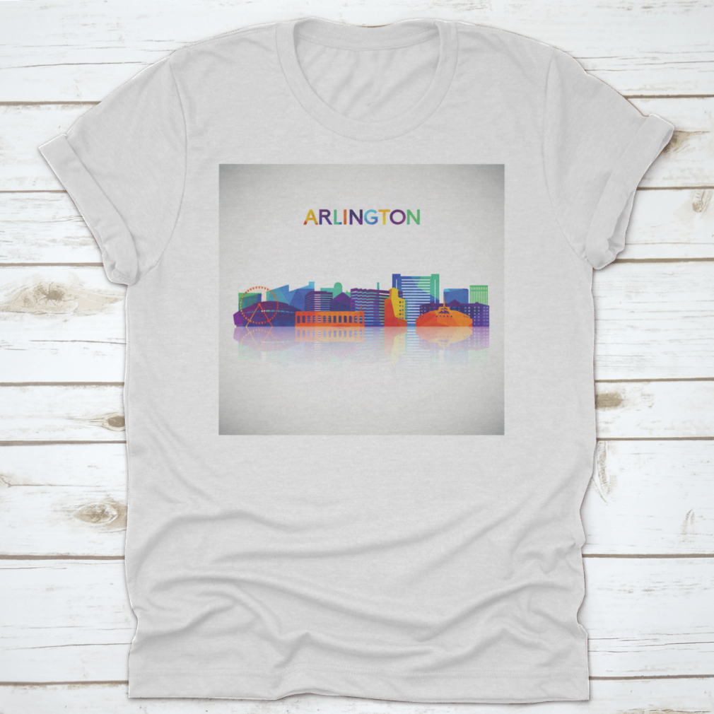 Colorful geometric style shirt featuring the Arlington Texas skyline silhouette, showcasing vibrant colors and a modern design.