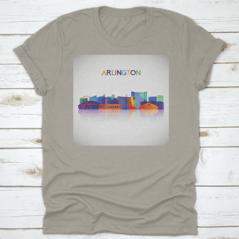 Colorful geometric style shirt featuring the Arlington Texas skyline silhouette, showcasing vibrant colors and a modern design.