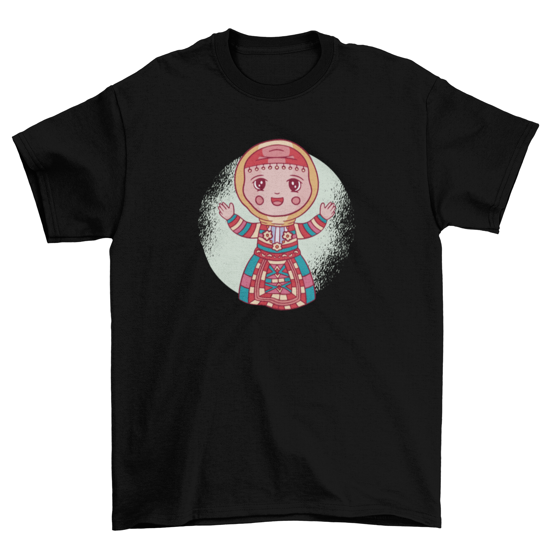 A vibrant cartoon t-shirt design featuring a girl in traditional Armenian clothing, showcasing cultural heritage.