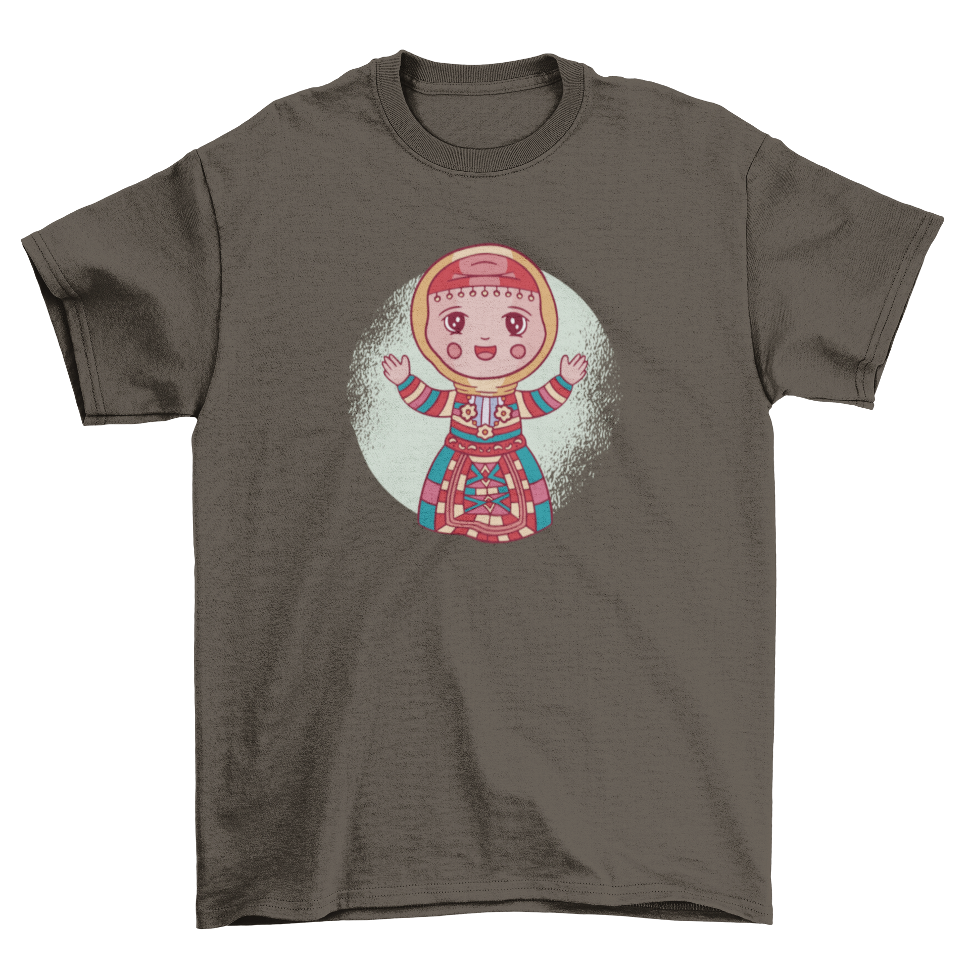 A vibrant cartoon t-shirt design featuring a girl in traditional Armenian clothing, showcasing cultural heritage.