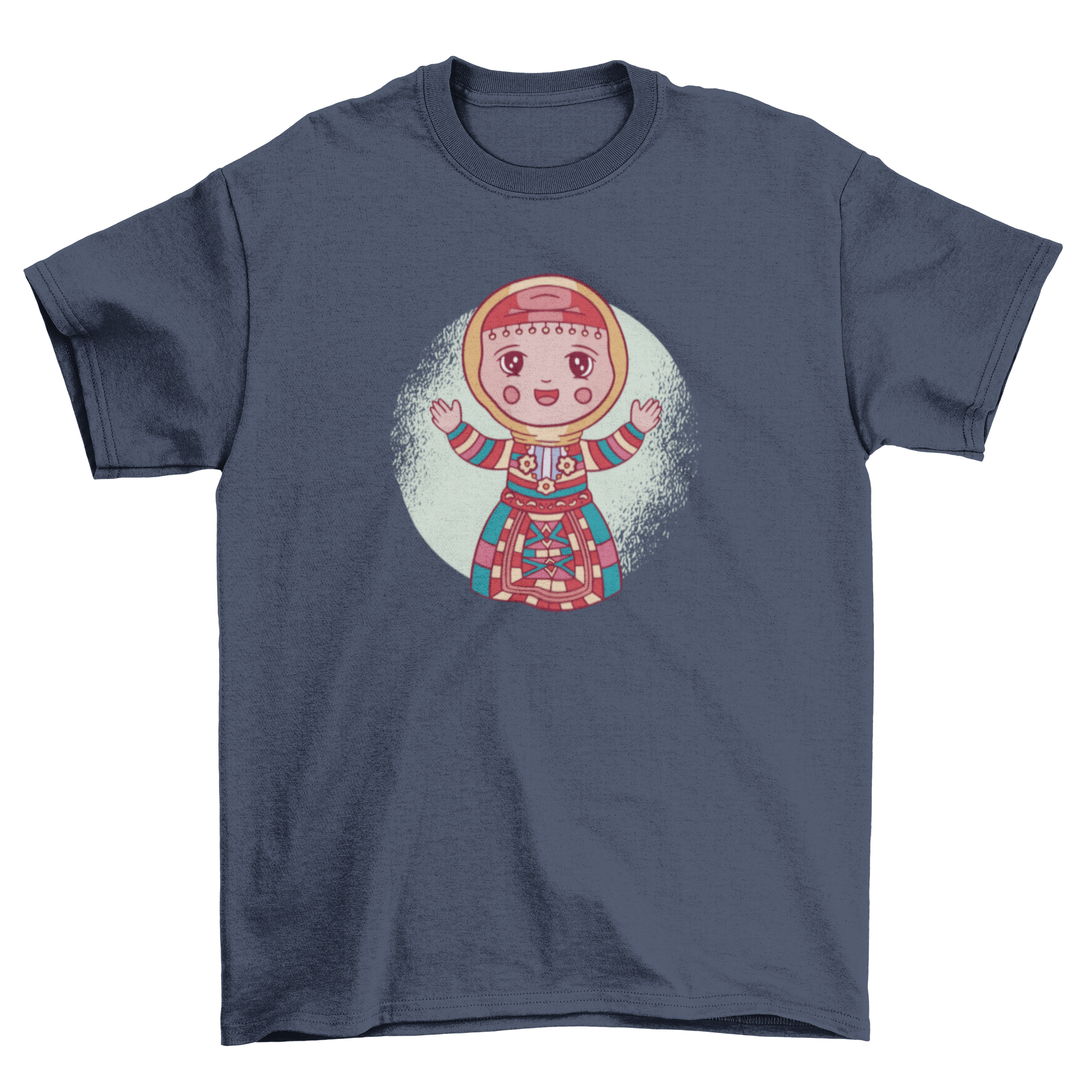 A vibrant cartoon t-shirt design featuring a girl in traditional Armenian clothing, showcasing cultural heritage.