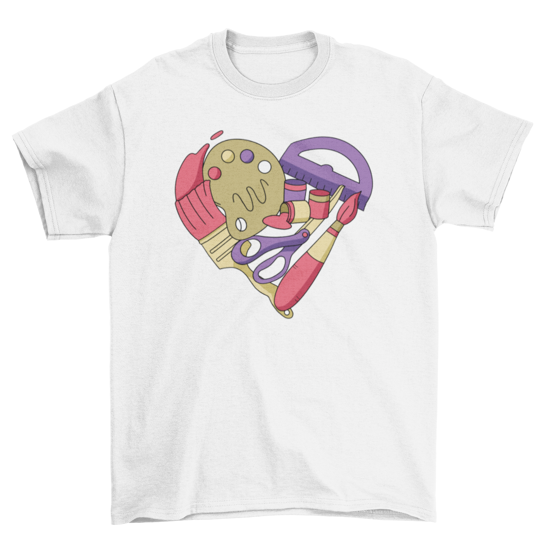 Art supplies arranged in a heart shape on a stylish t-shirt, showcasing creativity and love for art.