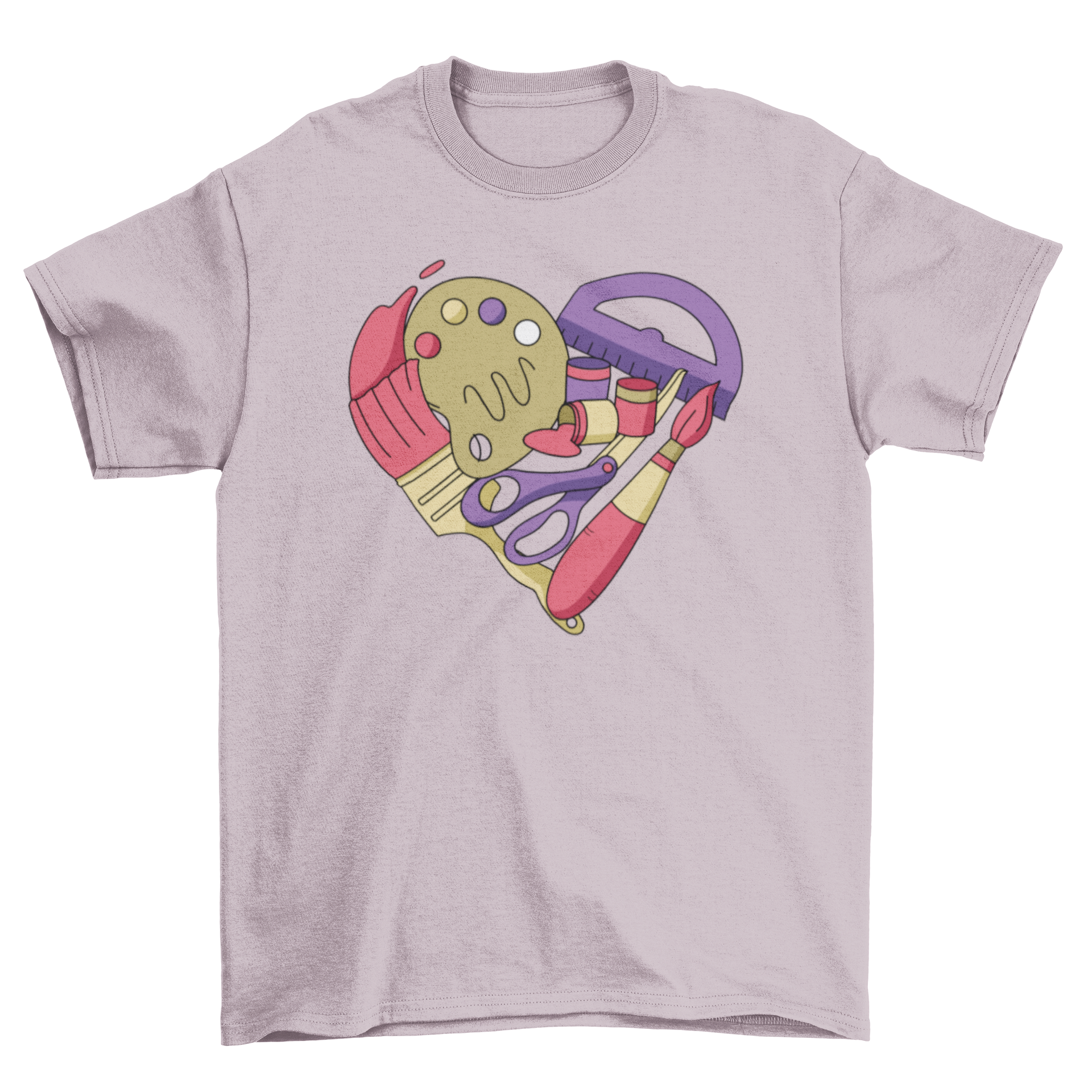 Art supplies arranged in a heart shape on a stylish t-shirt, showcasing creativity and love for art.